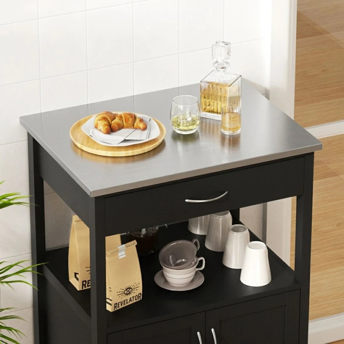 4 Artiss Kitchen Island Trolley Rolling Serving Cart Storage Drawer Cupboard 60cm - Black, 4 of 5