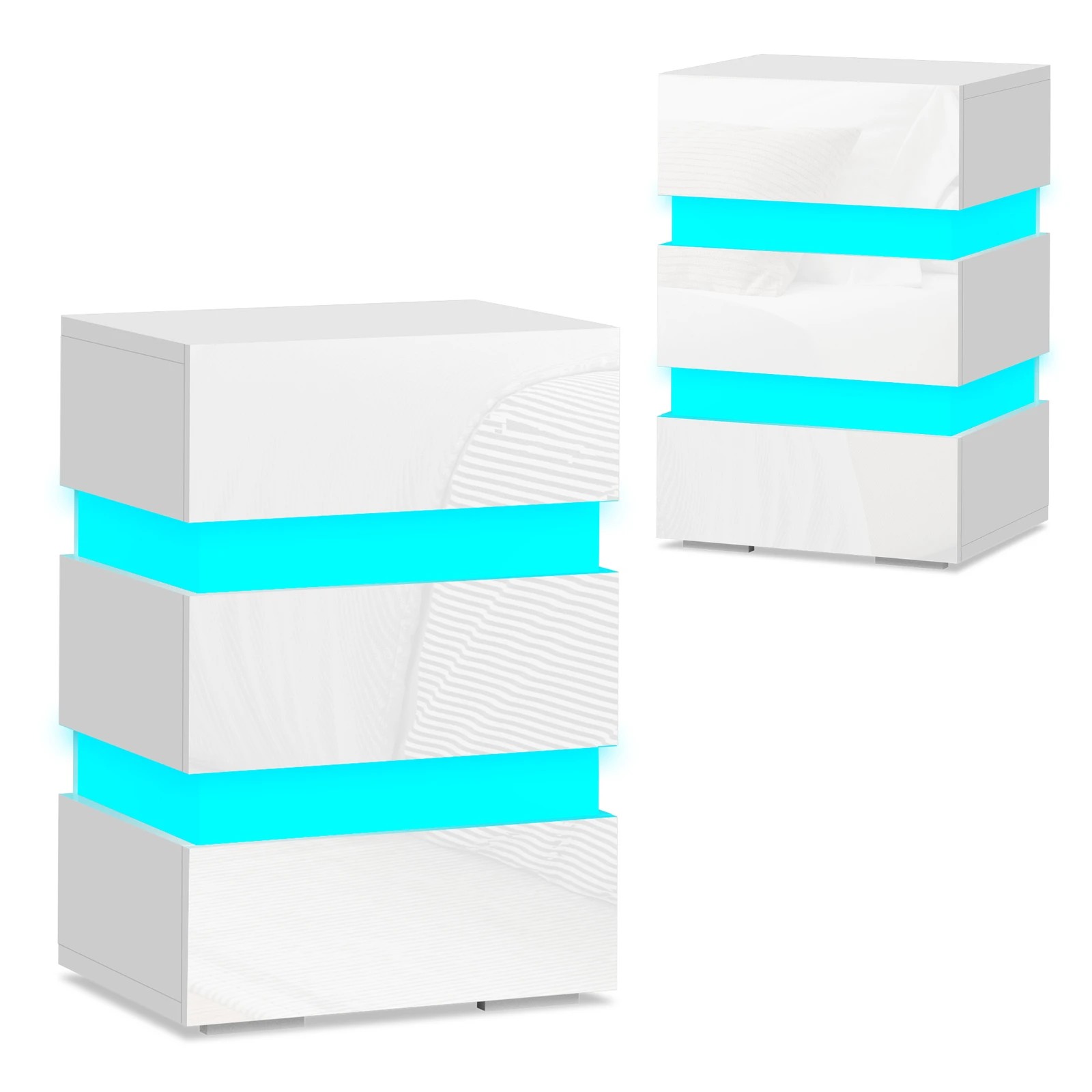 1 Alfordson 2x Bedside Table LED Nightstand 3-Drawer Gloss, 1 of 10