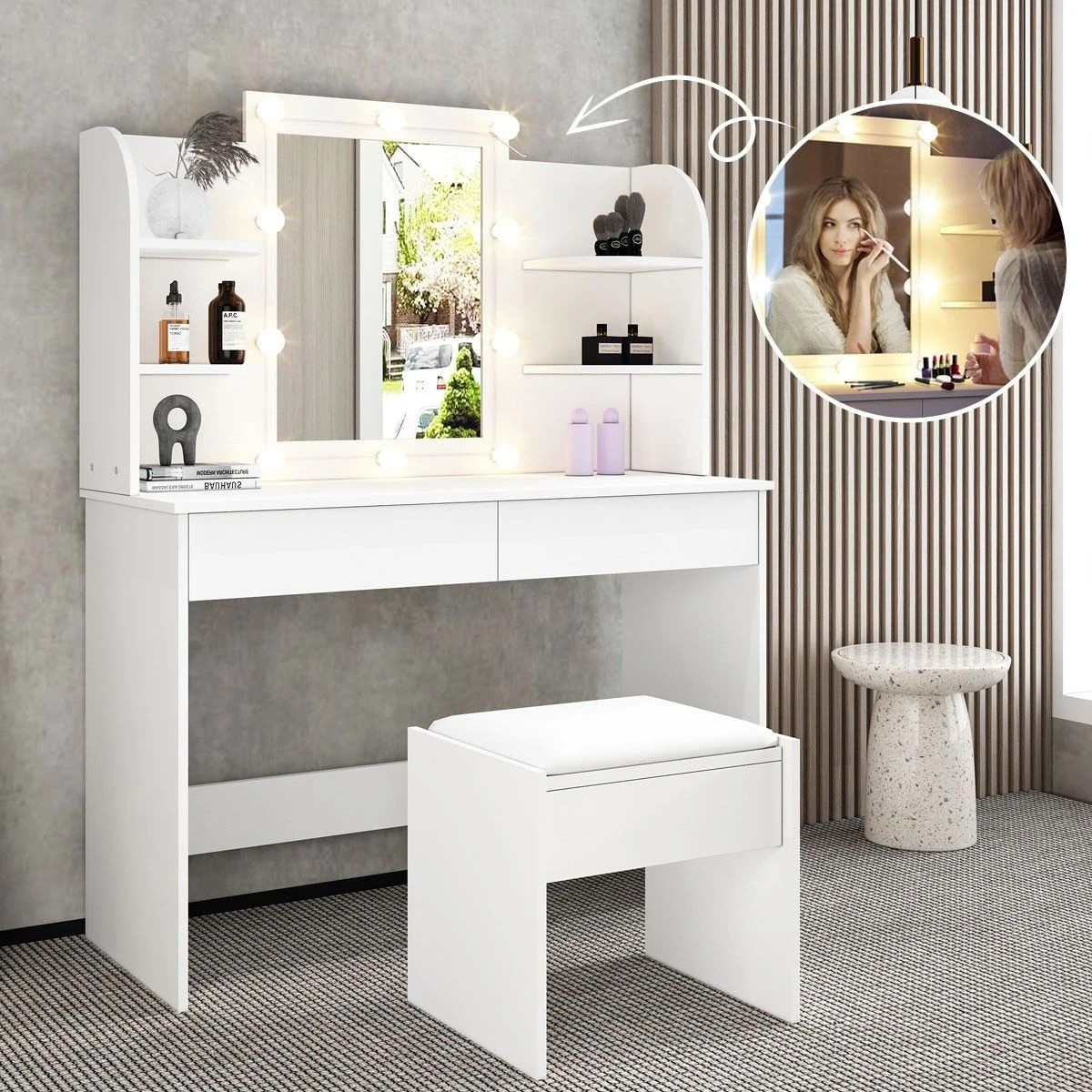 8 Ausway Dressing Table Makeup Vanity Stool Set with Drawers and Lighted Mirror, 8 of 8