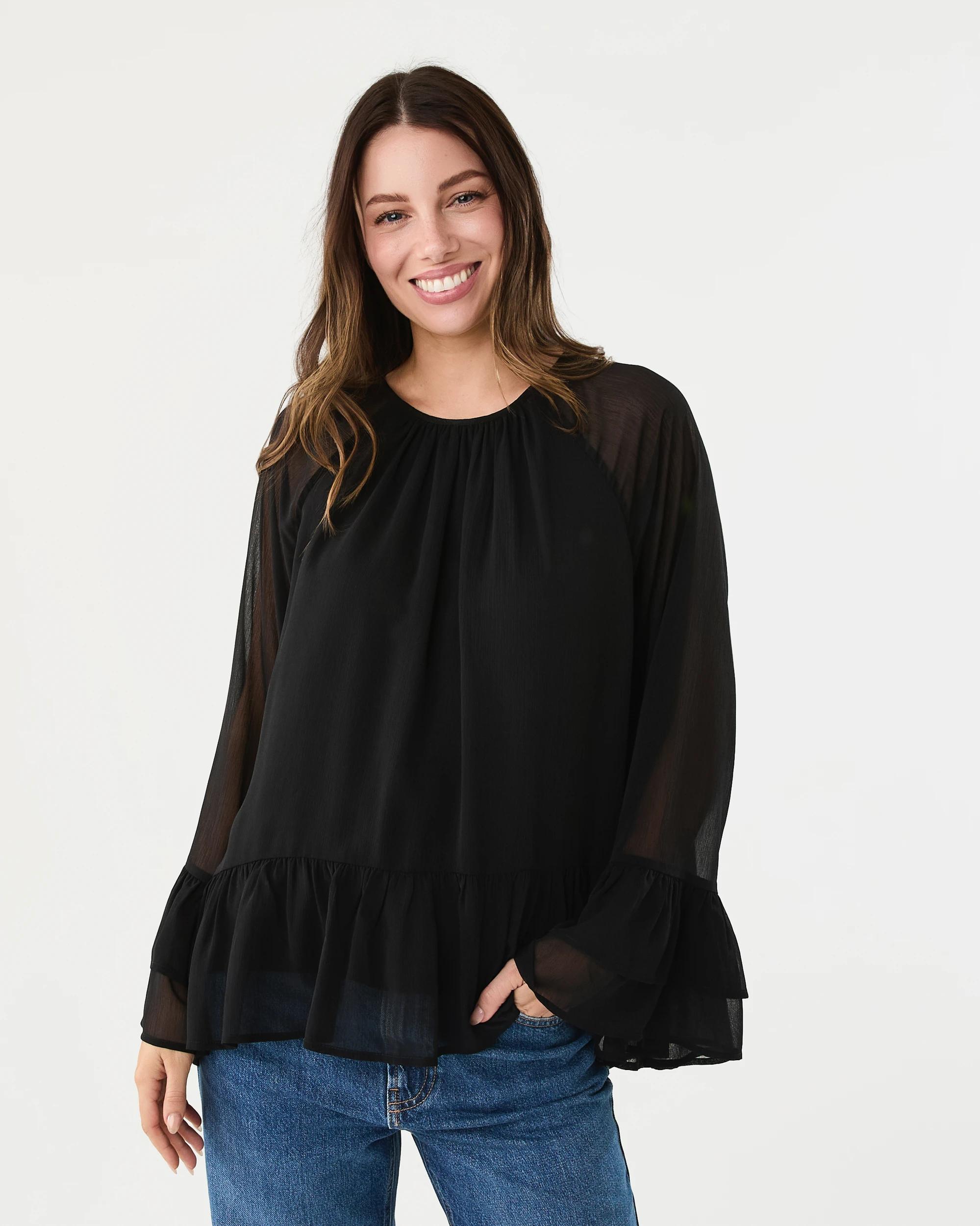 1 Long Sleeve Chiffon Tier Top Black, 1 of 8