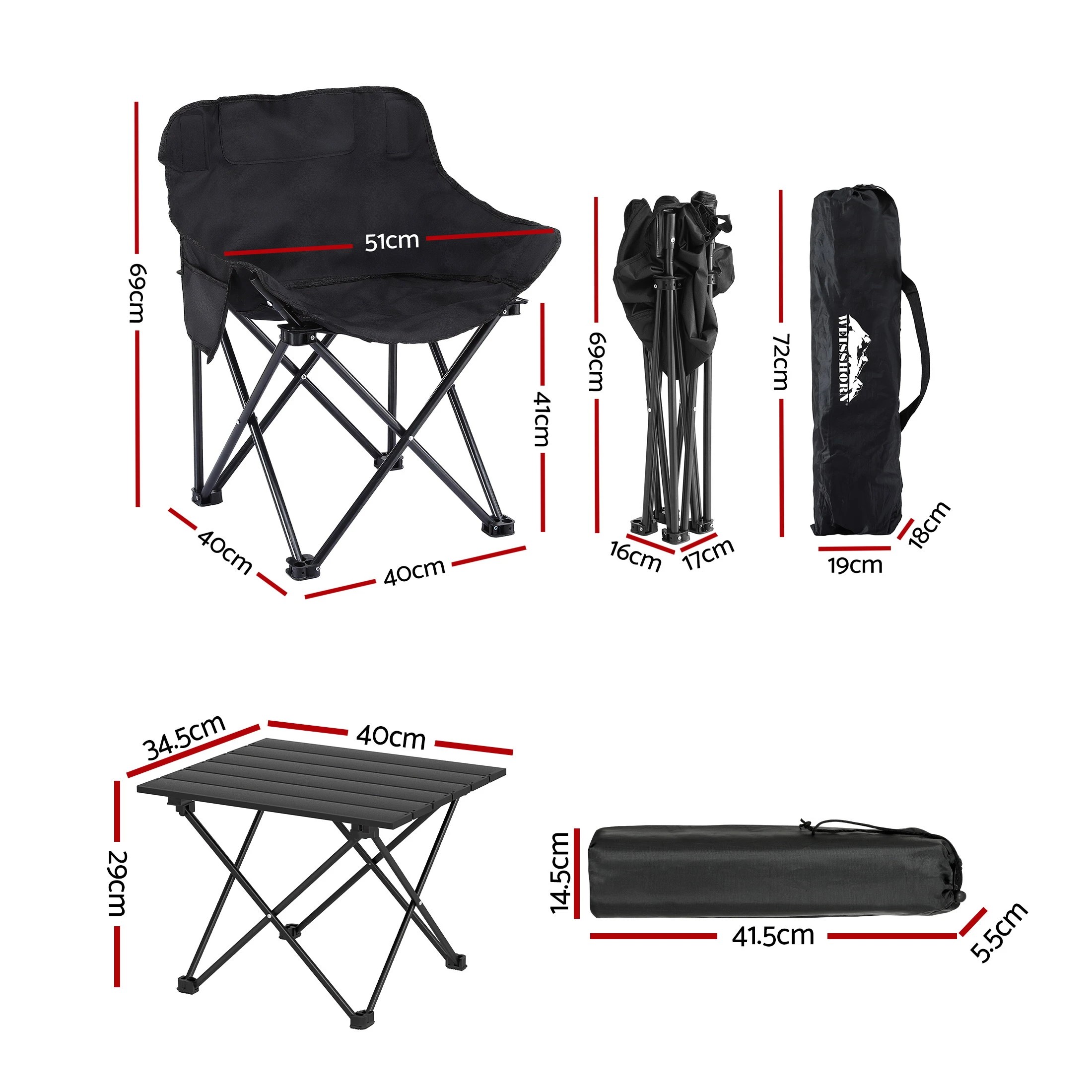 2 Weisshorn 3pc Camping Table Chair Set Outdoor Folding Aluminium Portable Picnic - Black, 2 of 4