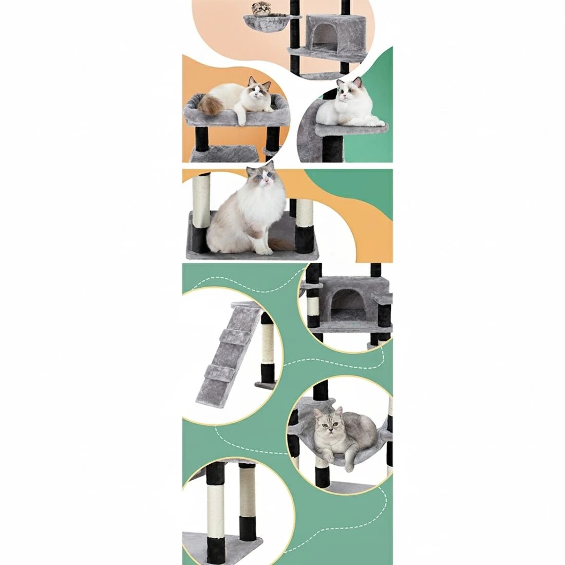 5 i.Pet Cat Tree 161cm Tower Scratching Post Scratcher Wood Condo House Play Bed - Grey, 5 of 5