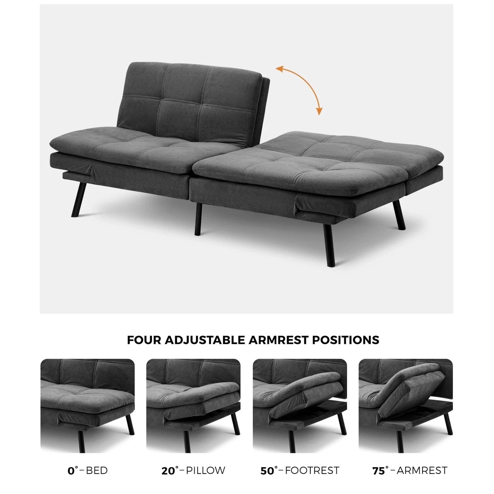 5 Oikiture Sofa Bed Futon Convertible Velvet Lounge Couch 3-seater Recliner
 - Grey, 5 of 10