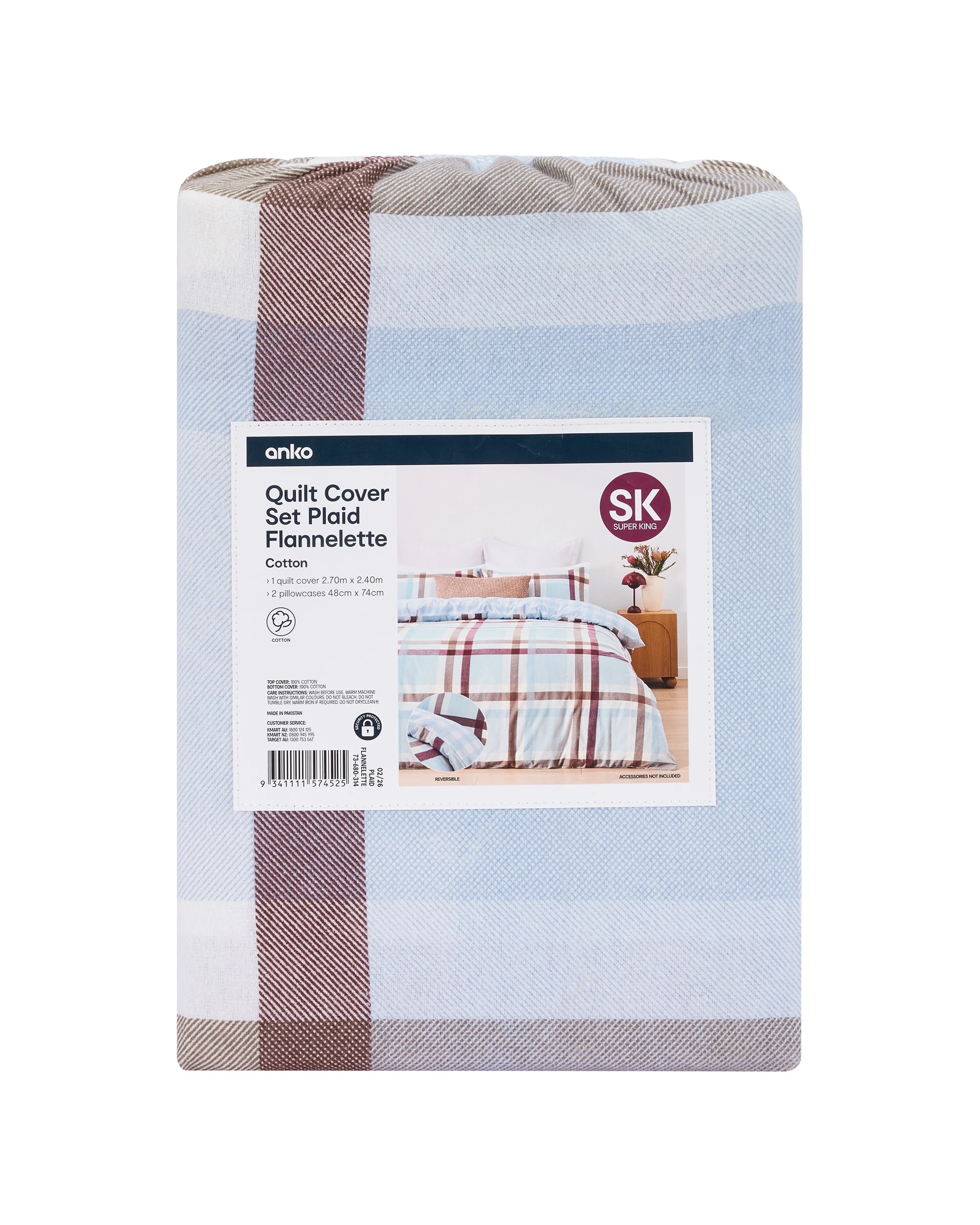 8 Plaid Flannelette Cotton Reversible Quilt Cover Set - Super King Bed, 8 of 8