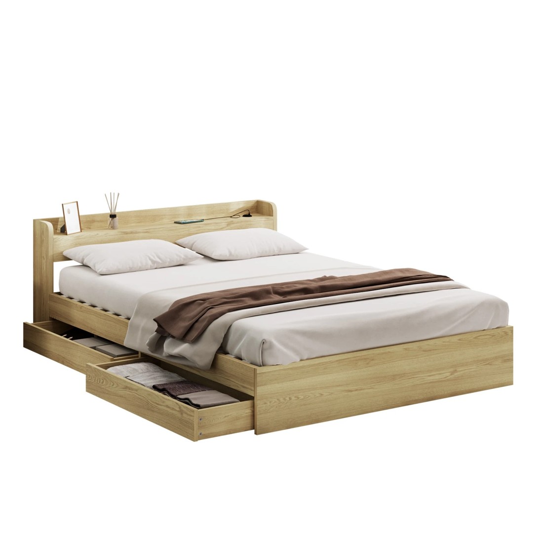 1 Oikiture Double Bed With Charging Ports & 2 Drawers Timber Bed Frame
 - Natural, 1 of 10