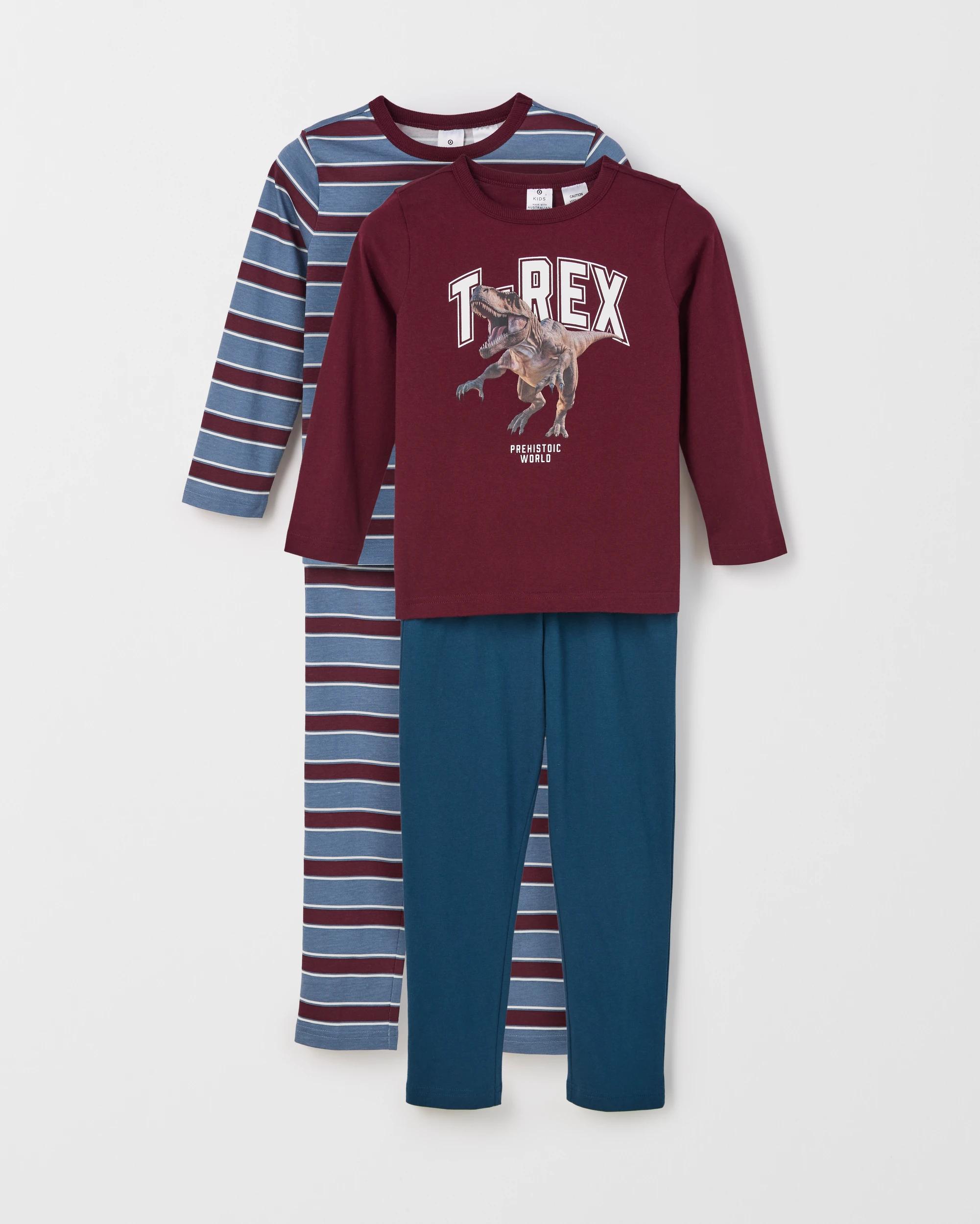 1 Target Kids Australian Cotton 2 Pack Younger Boys Knit Pyjama Set BURGUNDY T-REX, 1 of 5