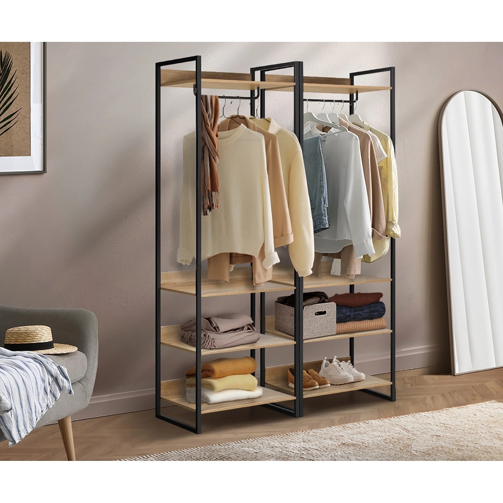 3 Oikiture Clothes Rack Open Wardrobe Garment Coat 4 Shelves Hanging Rail Metal
 - Natural, 3 of 10