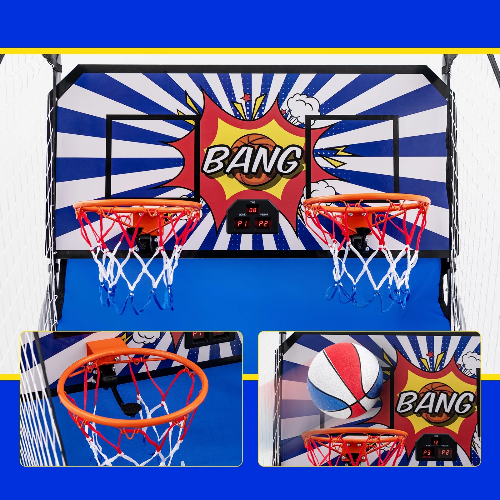 4 Costway Foldable Basketball Arcade Game Electronic Double Basketball Hoop Game w/4 Balls & Hand Pump - Blue, 4 of 7