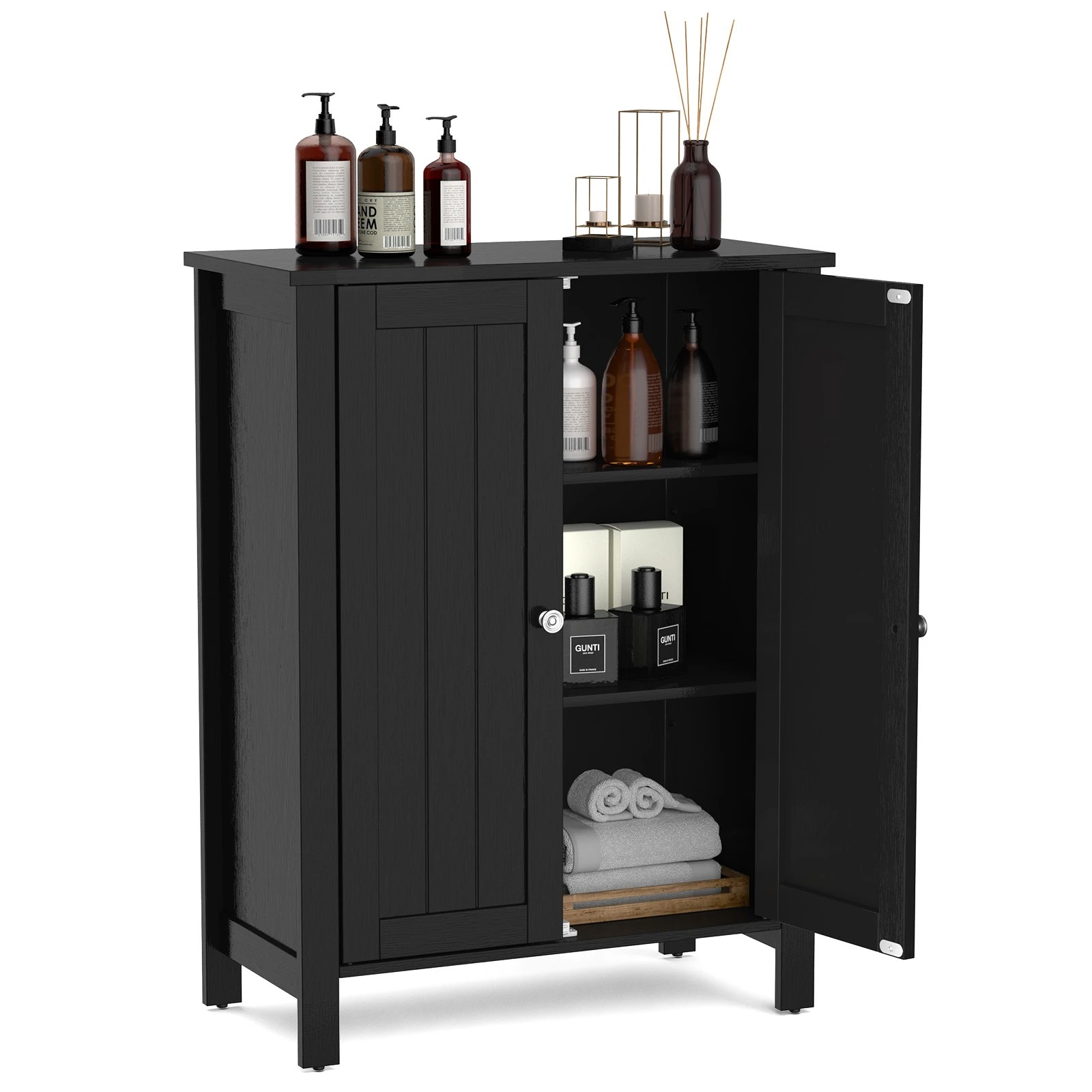 7 Costway 2-Door Bathroom Cabinet Wood Storage Organizer w/Adjustable Shelves, 7 of 8