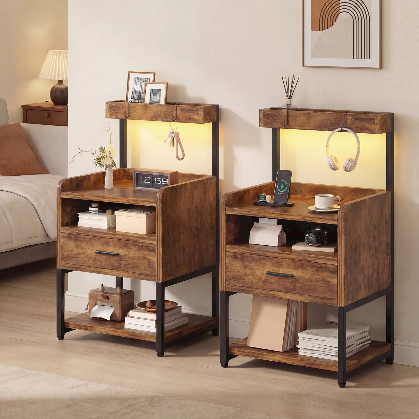 2 Advwin 2Pcs Bedside Table with Charging Station LED Lights Drawer and Open Storage Shelves - Brown, 2 of 10