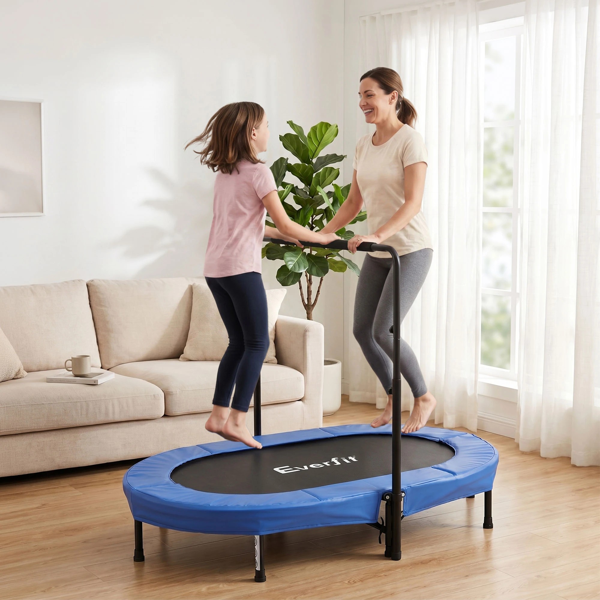 2 Everfit 56-Inch Foldable Fitness Trampoline Indoor Rebounder Double Mini Trampoline Adjustable Handrail 150KG - Blue, 2 of 7