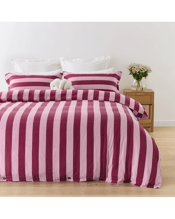 Stripe Linen Cotton Quilt Cover Set - King Bed, Berry
