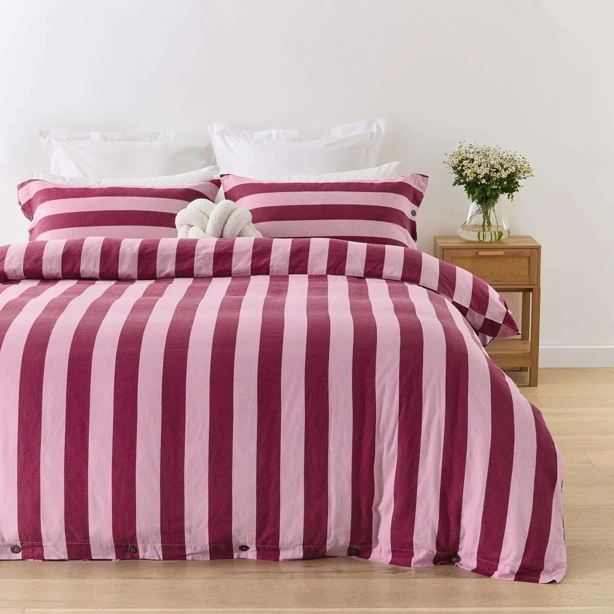 1 Stripe Linen Cotton Quilt Cover Set - King Bed, Berry, 1 of 7