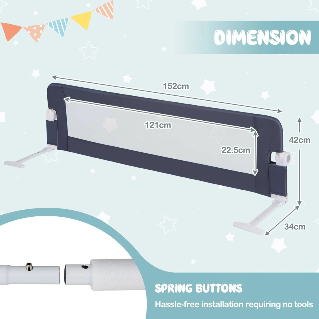 2 Costway 152x42cm Foldable Baby Bed Rail - Grey, 2 of 6