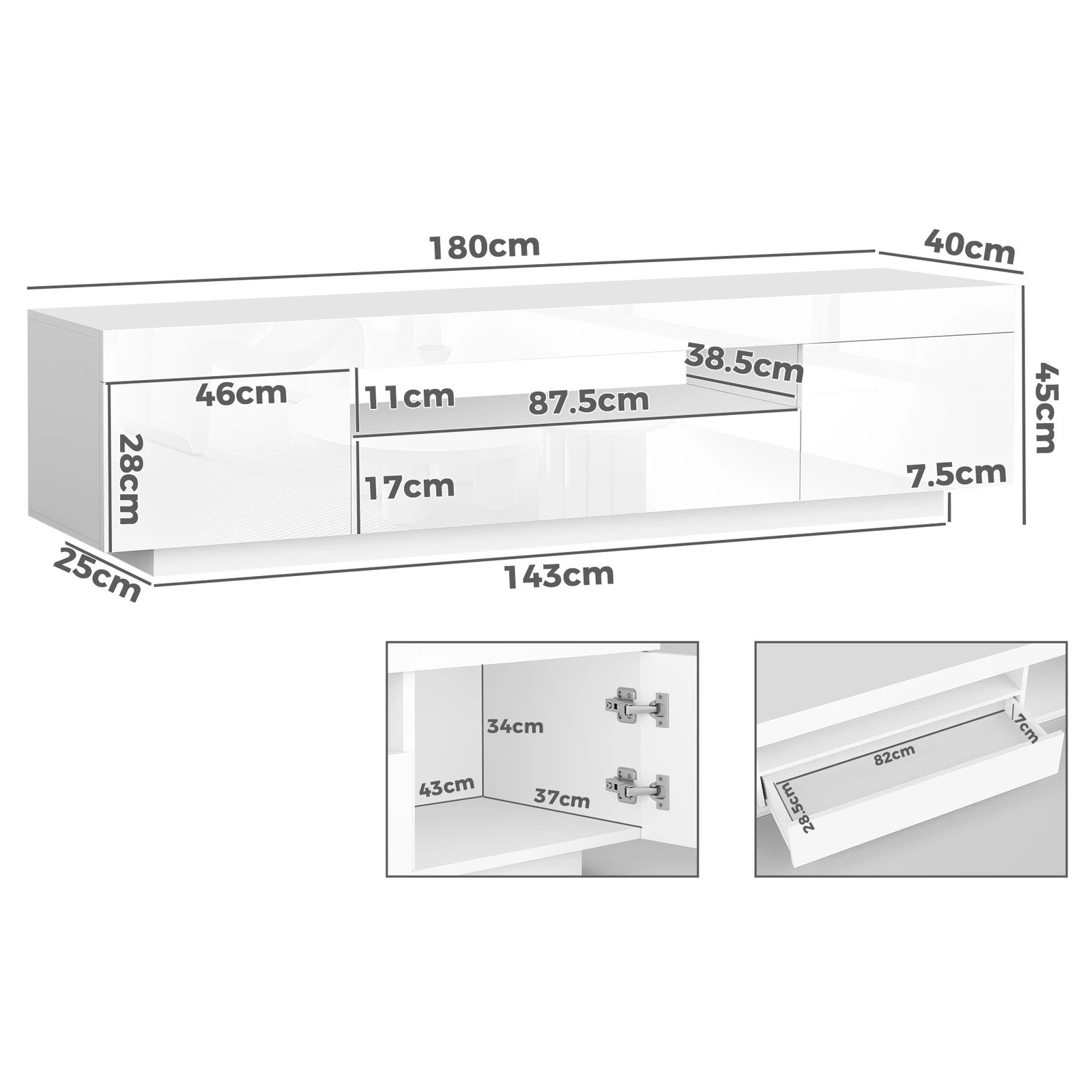 2 Alfordson Entertainment Unit 180cm TV Cabinet Stand LED Light Gloss - White, 2 of 10