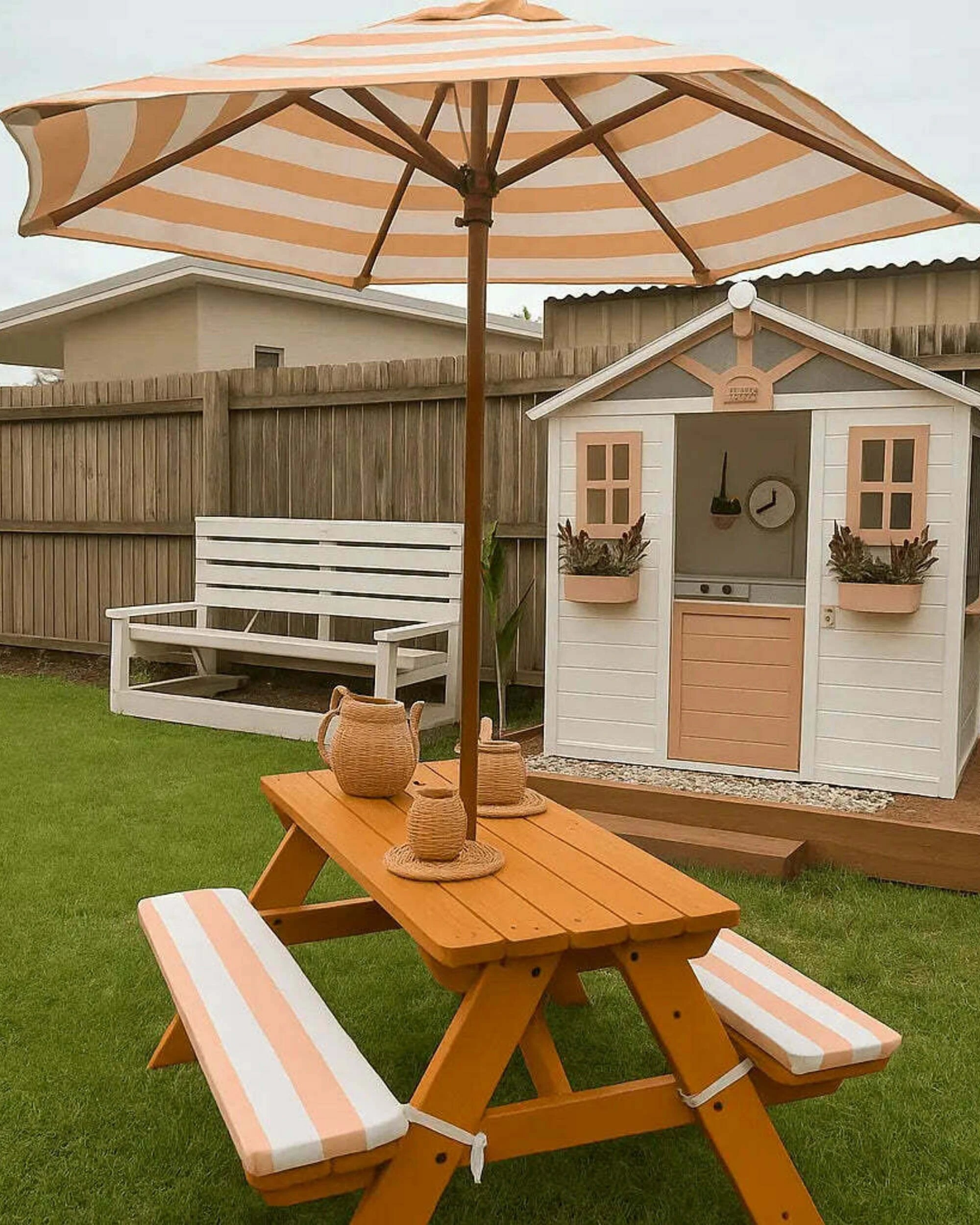3 Hide & Seek Kids Picnic Table with Umbrella & Cushions - & White - Grey, 3 of 6
