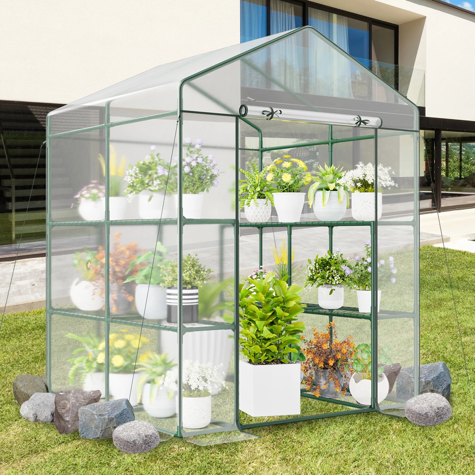 2 Costway Portable Mini Greenhouse Outdoor Walk-in Greenhouse w/4 Tiers & 8 Shelve 139x144x195cm, 2 of 3