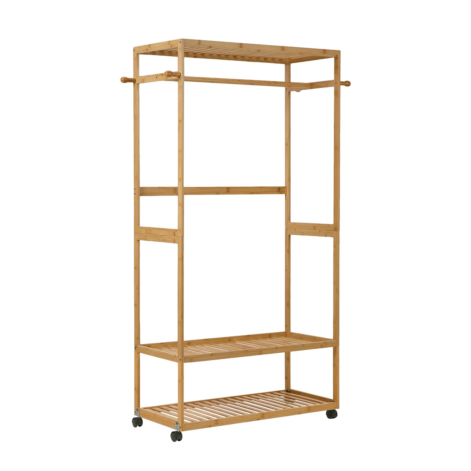 1 Oikiture Clothes Rack Open Wardrobe Garment Coat Stand Bamboo 2 Shelves Wheels - Natural, 1 of 8