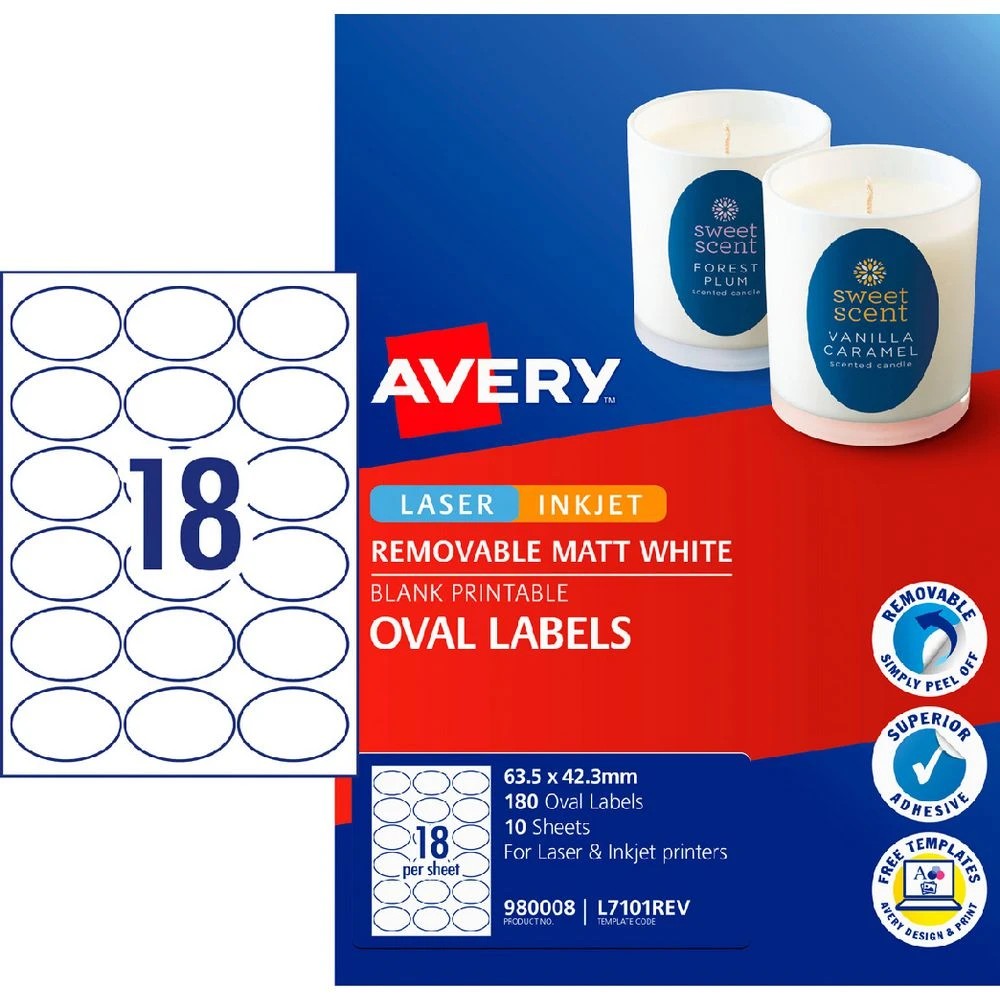 1 Avery 18UP Inkjet Laser Removable Oval Labels White 10 Sheets, 1 of 6