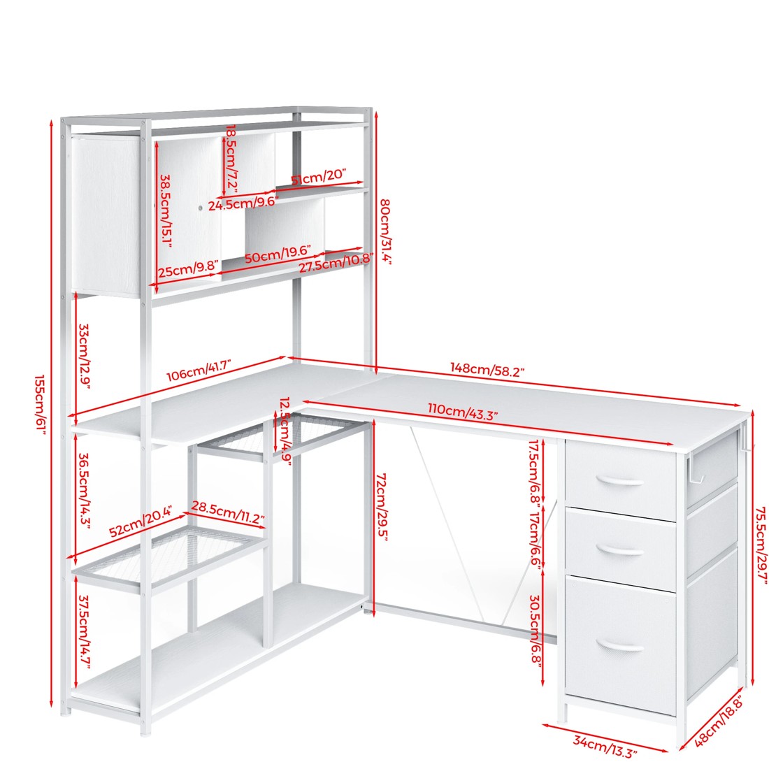 2 Advwin L Shaped Gaming Desk With Led Lights Reversible 148cm Computer Desk With 3 Drawers And Bookshelf White, 2 of 9