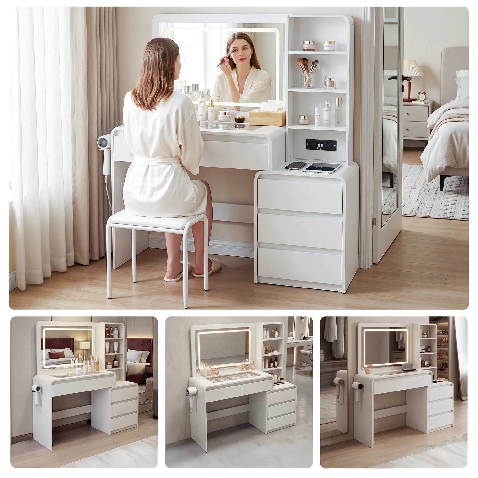 10 Artiss Dressing Table Makeup Vanity Desk LED Mirror Drawers Charging Station Curved Edge- White, 10 of 10