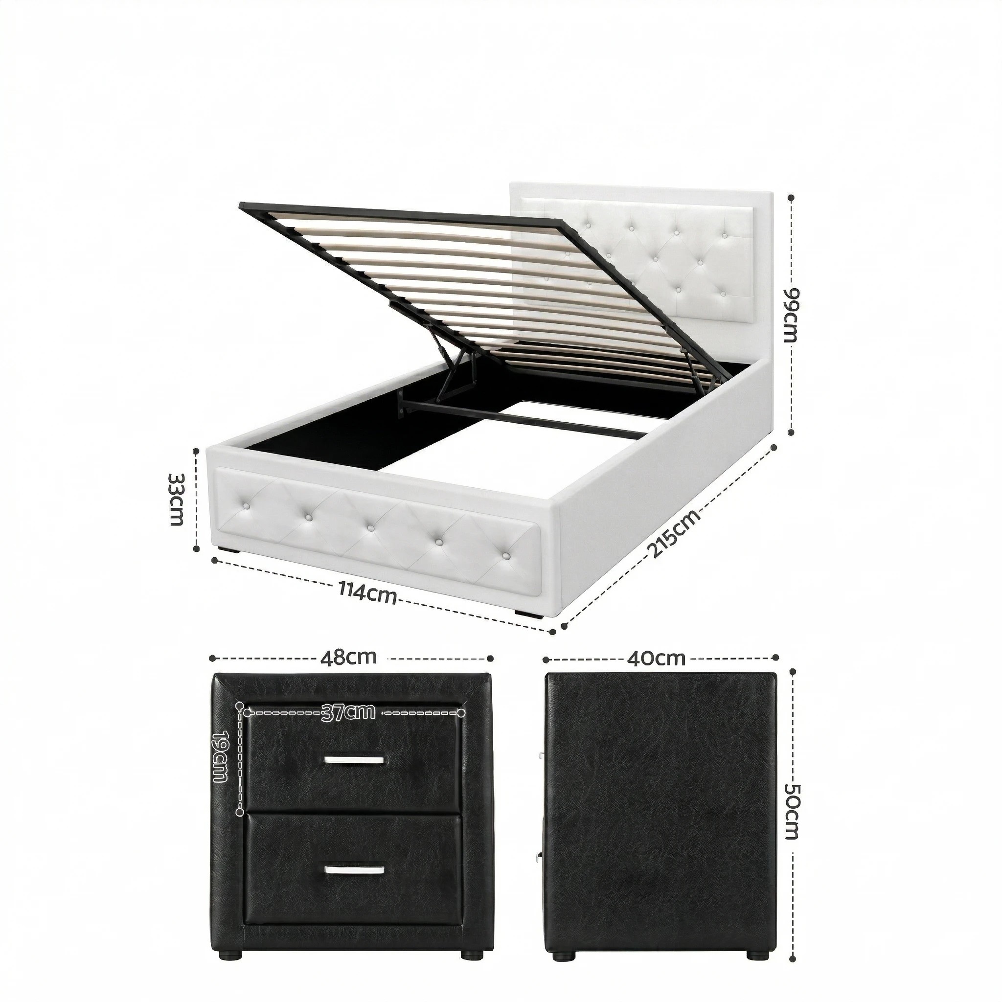 2 Artiss Bed Frame with Storage Leather Gas Lift Bed Bedside Table Set Tufted Headboard - King Single Bed - Multi, 2 of 9