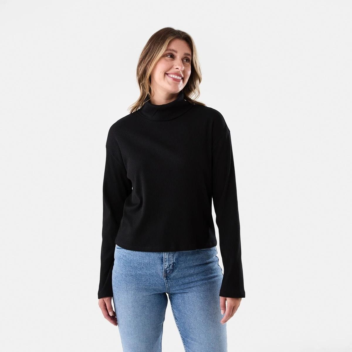 1 Long Sleeve Rib Turtleneck Top Black, 1 of 5