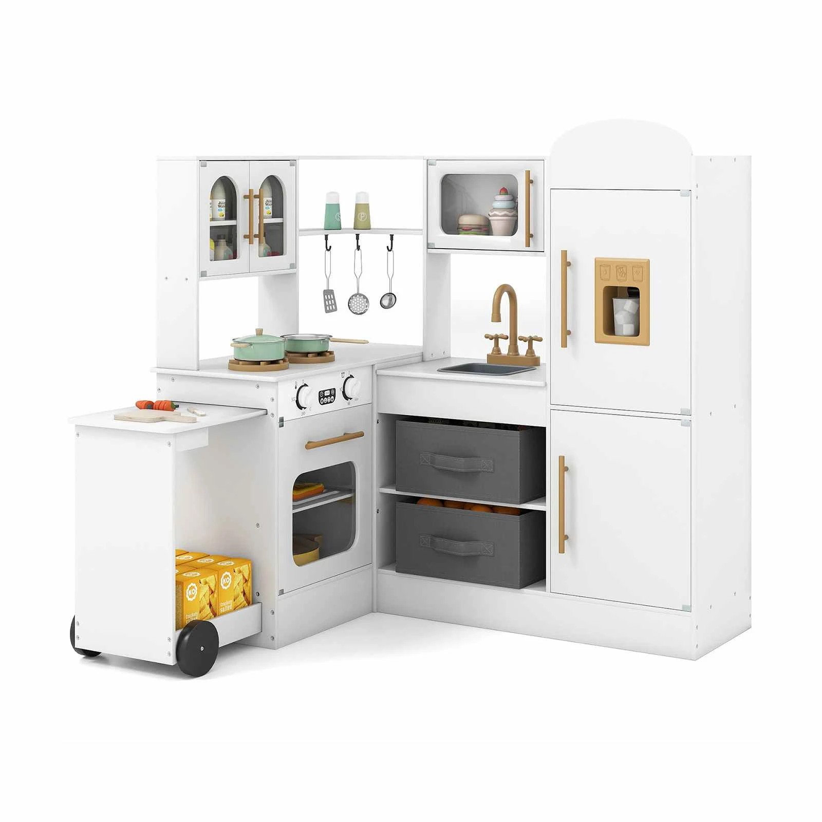 1 Costway Corner Kitchen Playset Pretend Play Kitchen Wooden Kitchen Toy Set - White, 1 of 2