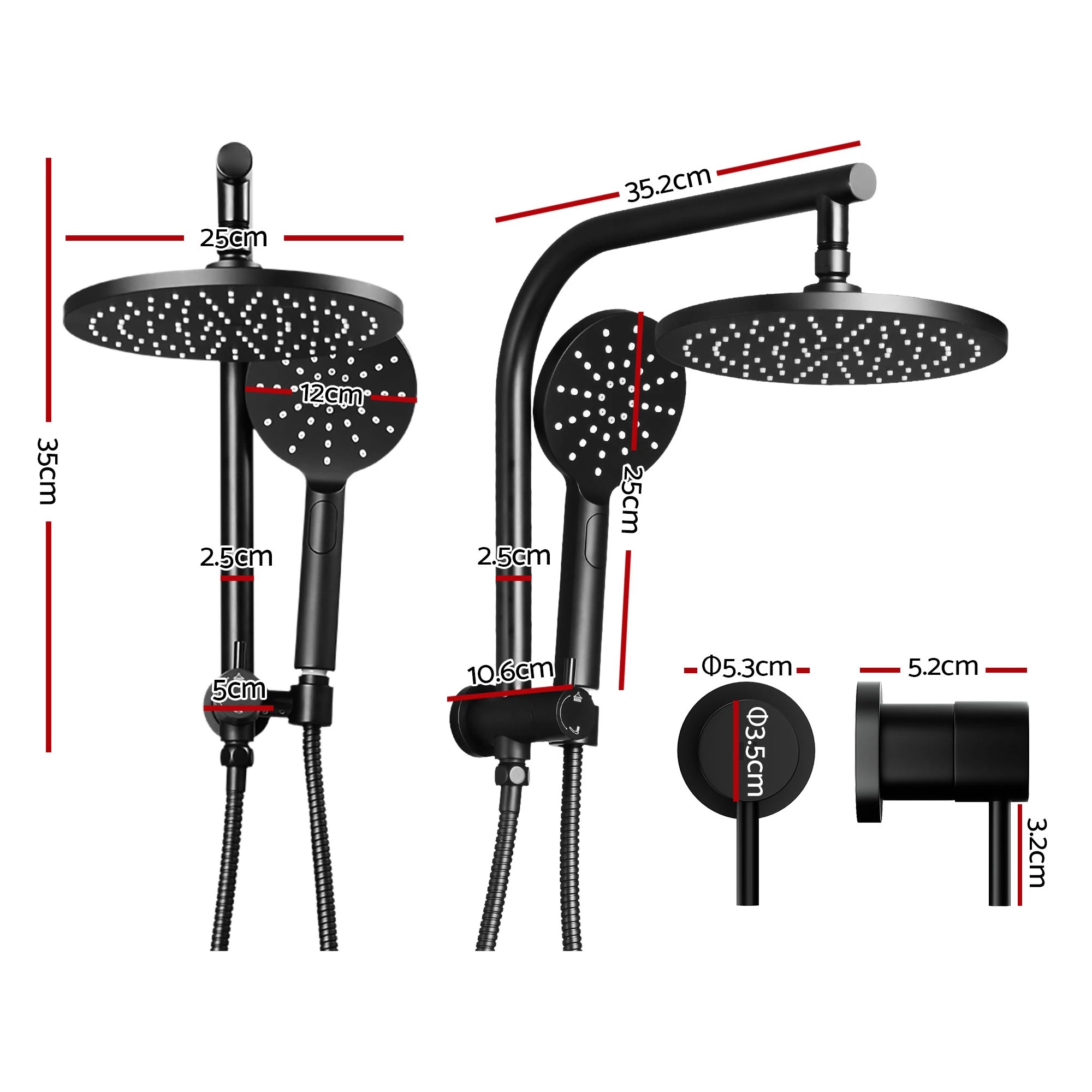 2 Cefito 9'' Rain Shower Head Set Handheld Round High Pressure Twins Tap Chrome - Black, 2 of 9
