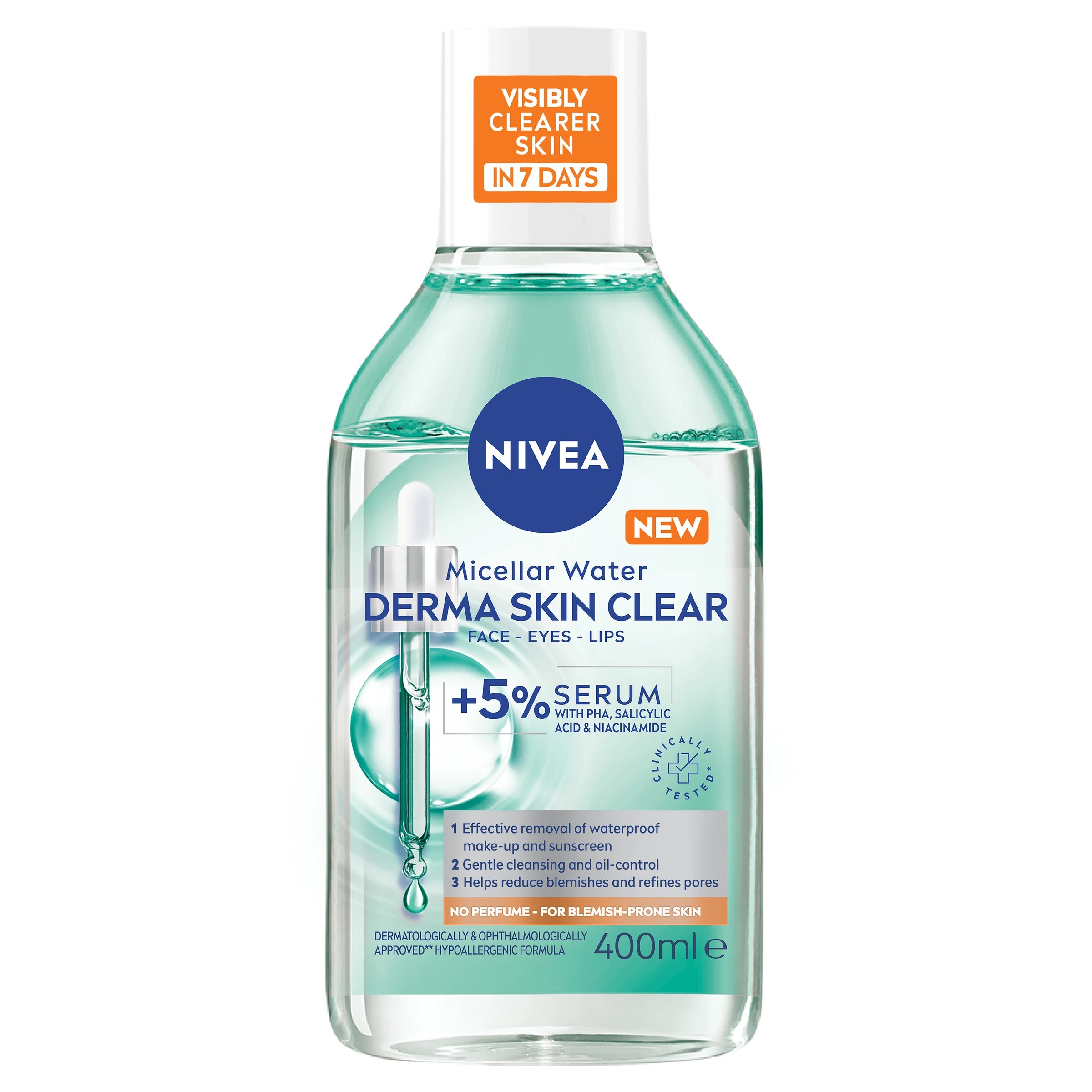 1 Nivea Derma Skin Clear Micellar Water 400ml - 5% Serum with PHA, Salicylic Acid and Niacinamide, 1 of 10