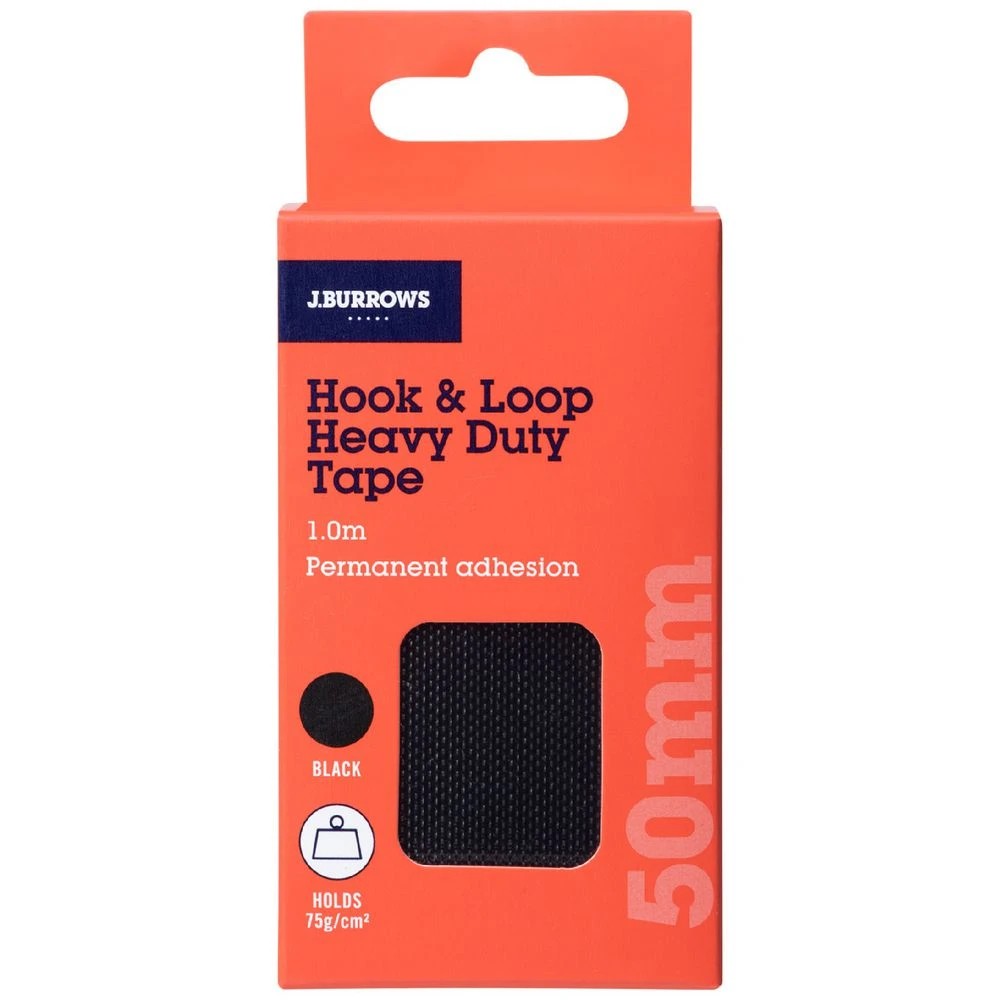 1 J.Burrows Heavy Duty Hook & Loop Tape 50mm x 1m Black, 1 of 3