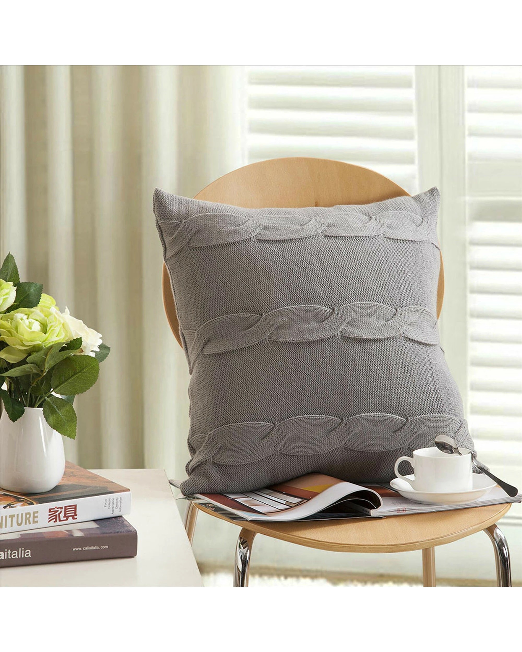 2 Cotton More Sofa Bed Knitted Pillow Cushion Cover Twisted Stripes 45x45cm - Grey, 2 of 2