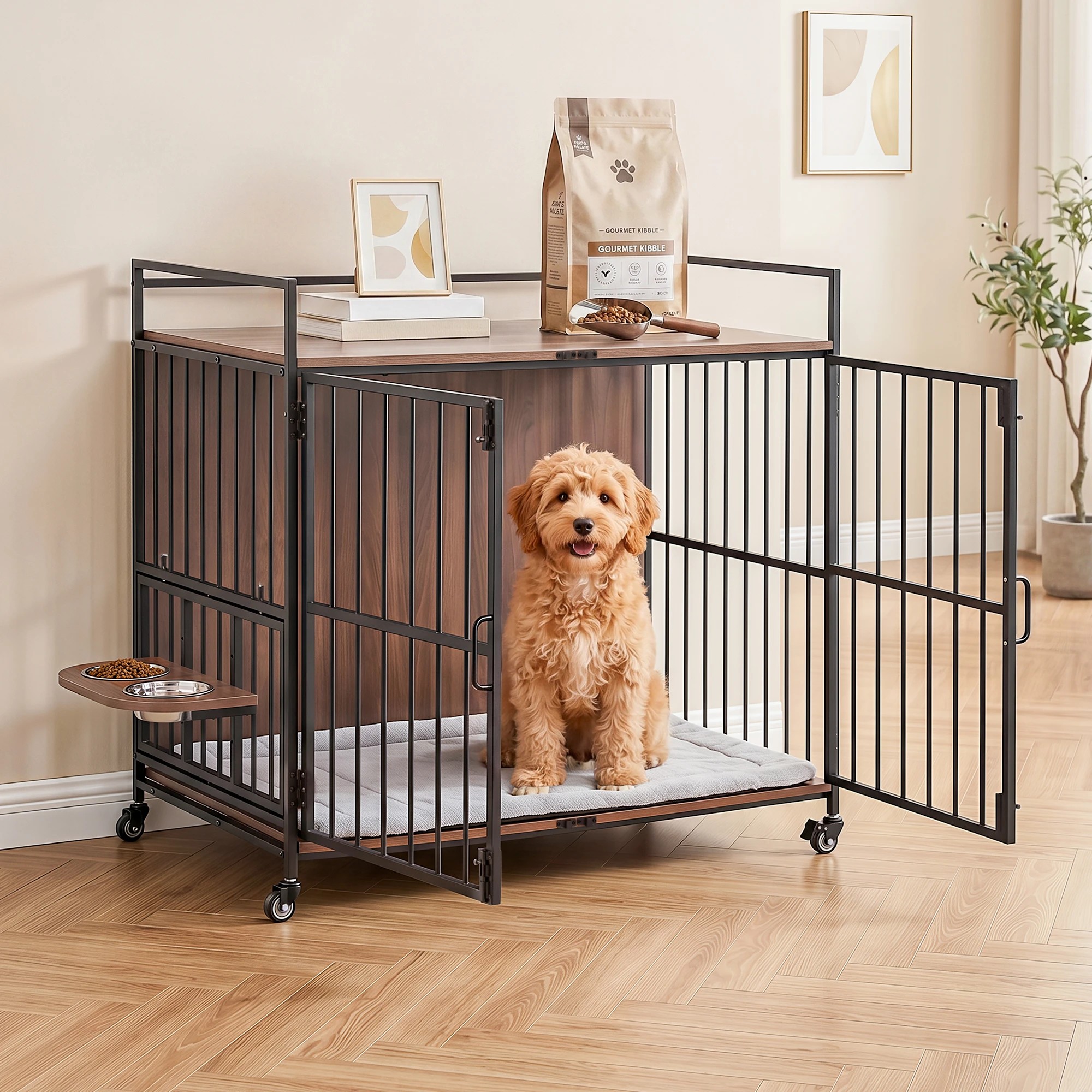 2 i.Pet 2-in-1 Wooden Dog Crate 99cm Pet Cage Furniture End Table Wheels - Multi, 2 of 7