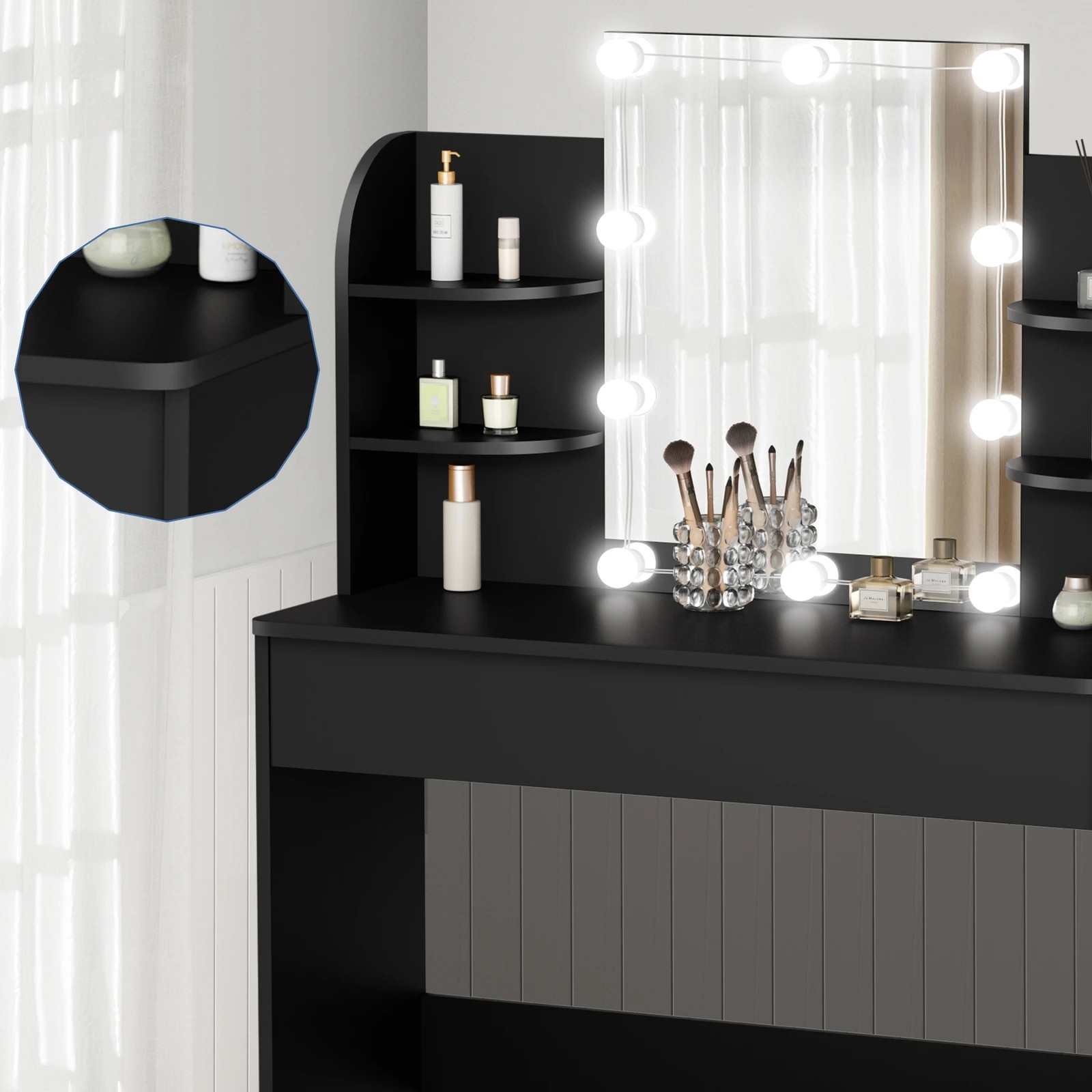 4 Alfordson Dressing Table Stool Set Makeup Mirror Desk LED 10 Bulbs - Black, 4 of 10