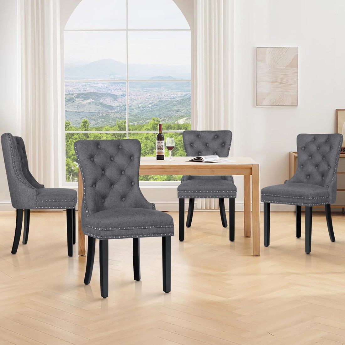 9 Alfordson 2x Dining Chair Kitchen Lounge Retro Button Tufted Wooden Fabric - Grey, 9 of 10