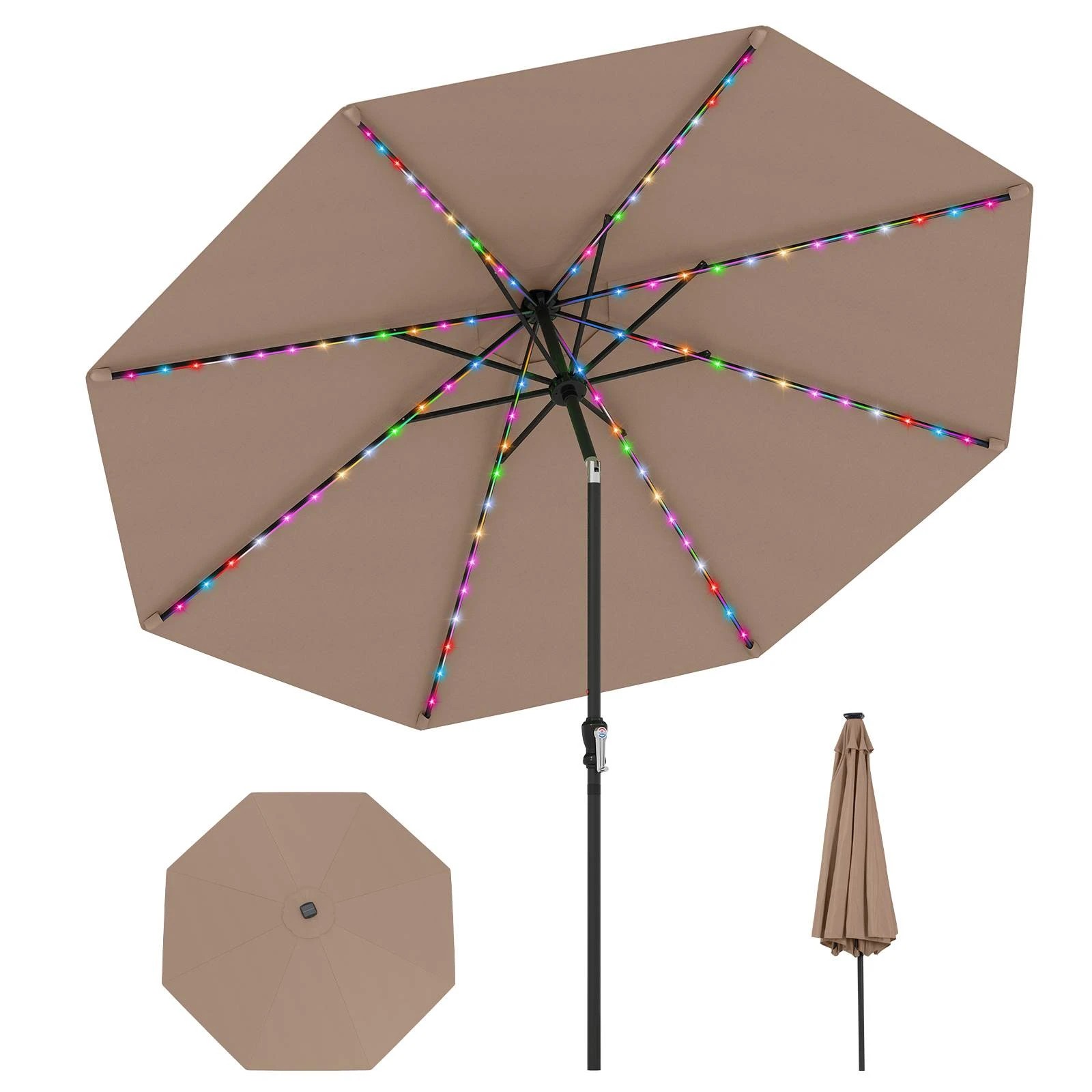 1 Costway Solar Patio Umbrella w/LED Lights Tilt Adjustment - Brown, 1 of 1