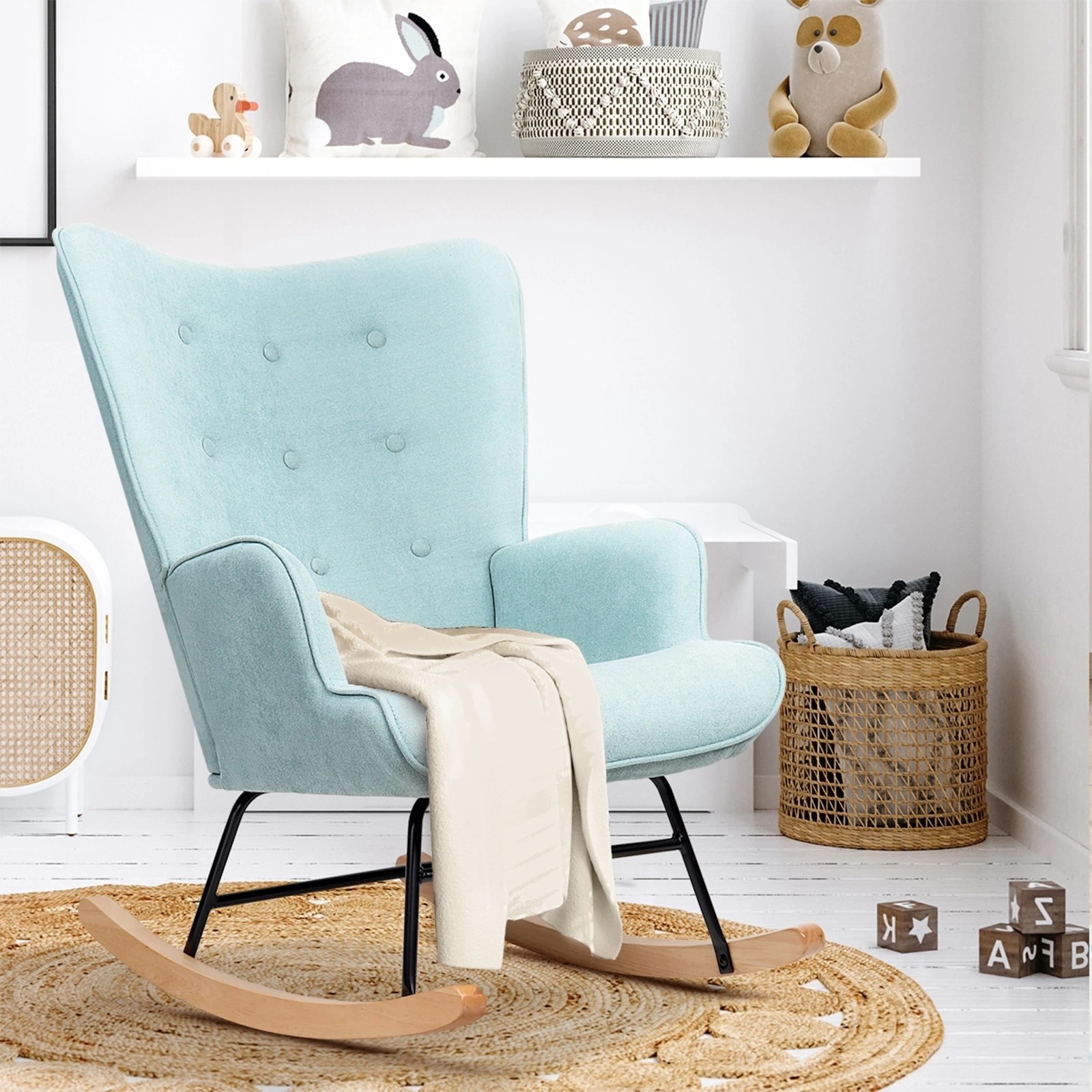 3 Oikiture Rocking Chair Nursing Armchair Linen Accent Chairs Upholstered
 - Blue, 3 of 10