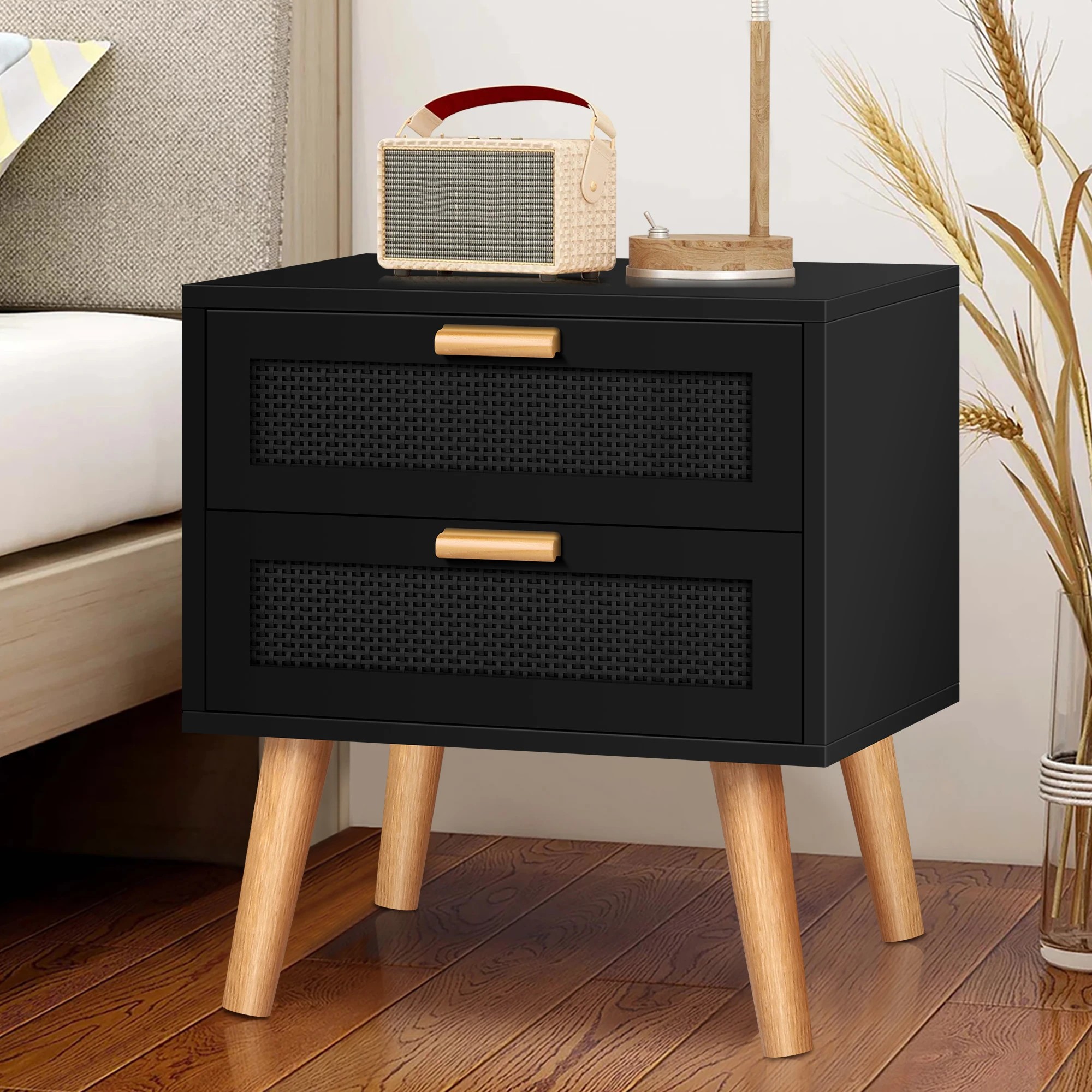 2 Alfordson Bedside Table Nightstand Side Storage Cabinet Boho Rattan - Black, 2 of 10