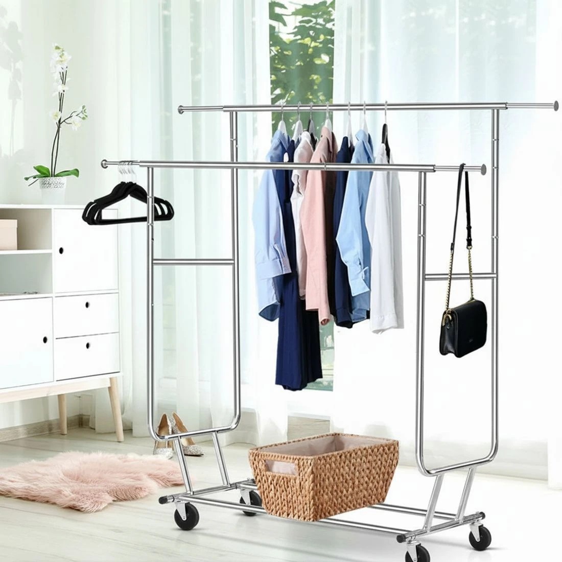 7 Artiss Clothes Rack Airer Double Rail Coat Stand Adjustable Hanger - Silver, 7 of 7