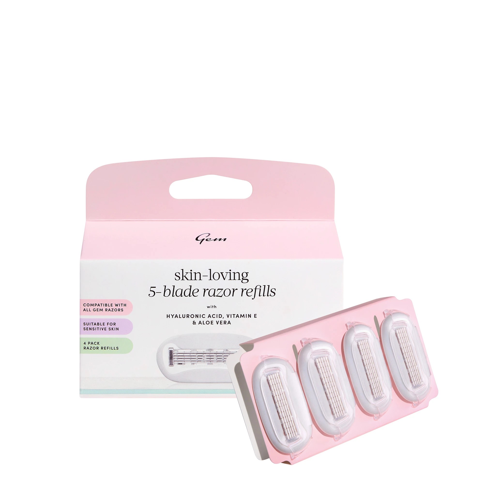 1 Gem 4 Pack Skin-Loving 5-Blade Razor Refills - Hyaluronic Acid, Aloe Vera and Vitamin E, 1 of 3