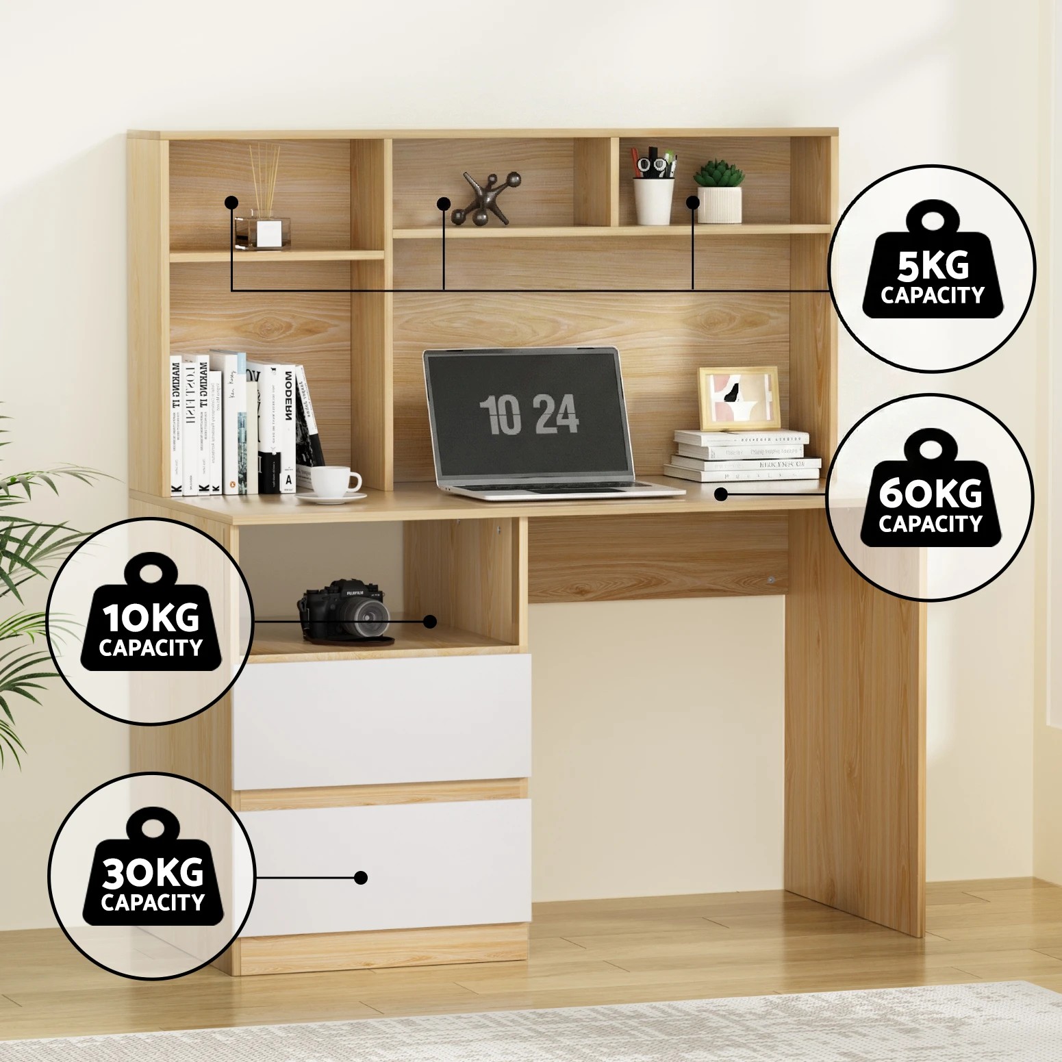 4 Artiss Computer Desk Office Study Desks Table Bookshelf Drawer - White, 4 of 5