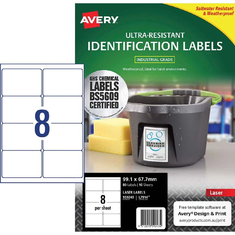1 Avery 8UP Chemical Grade Laser Labels 99.1 x 67.7mm 10 Sheets, 1 of 5