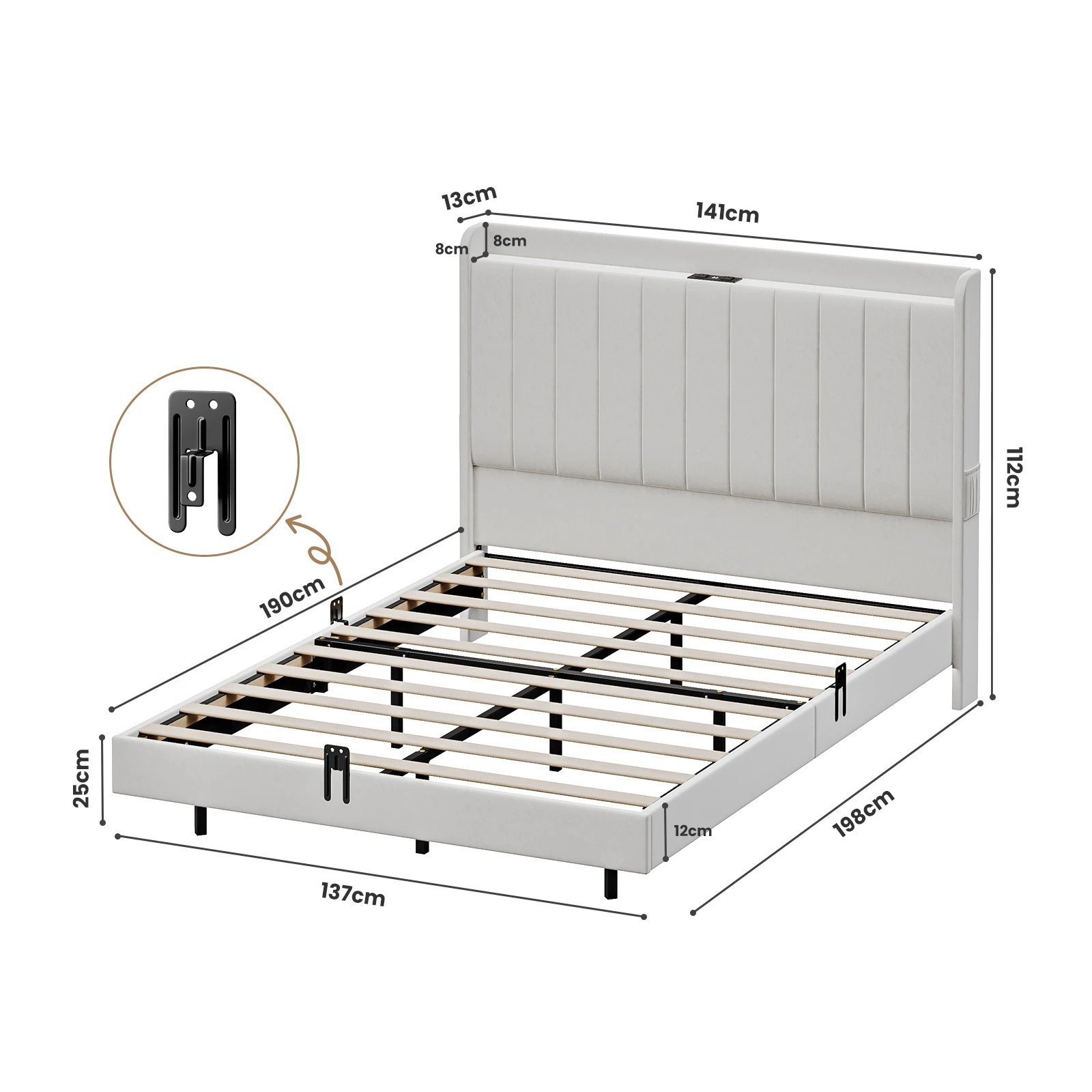 3 Advwin Double Velvet Floating Bed Frame with RGB LED and Charging Station - Beige, 3 of 8