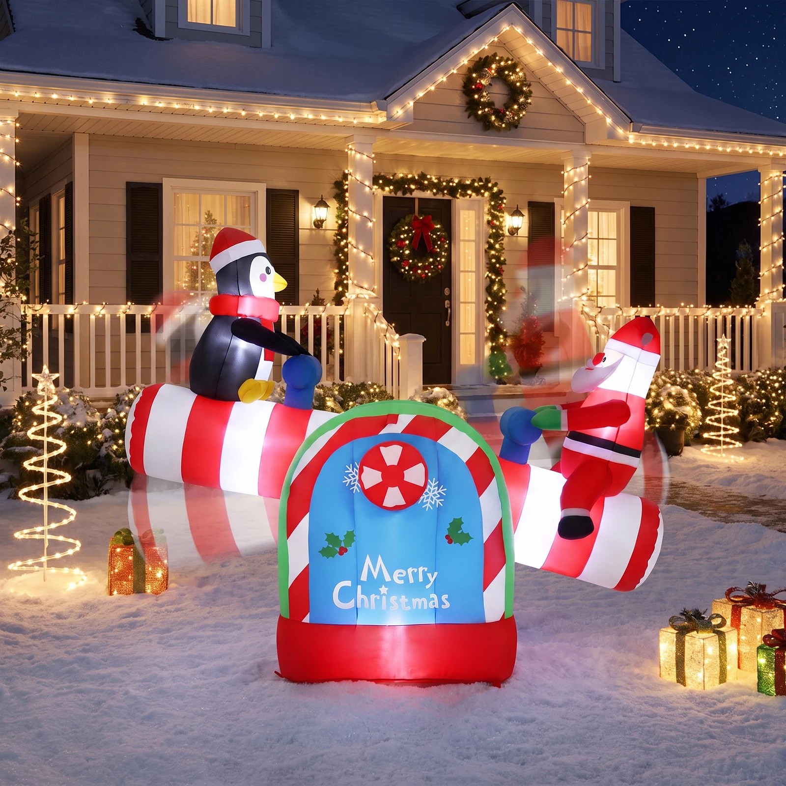 Costway 155cm Inflatable Christmas Santa Claus & Penguin Teeter Totter ...