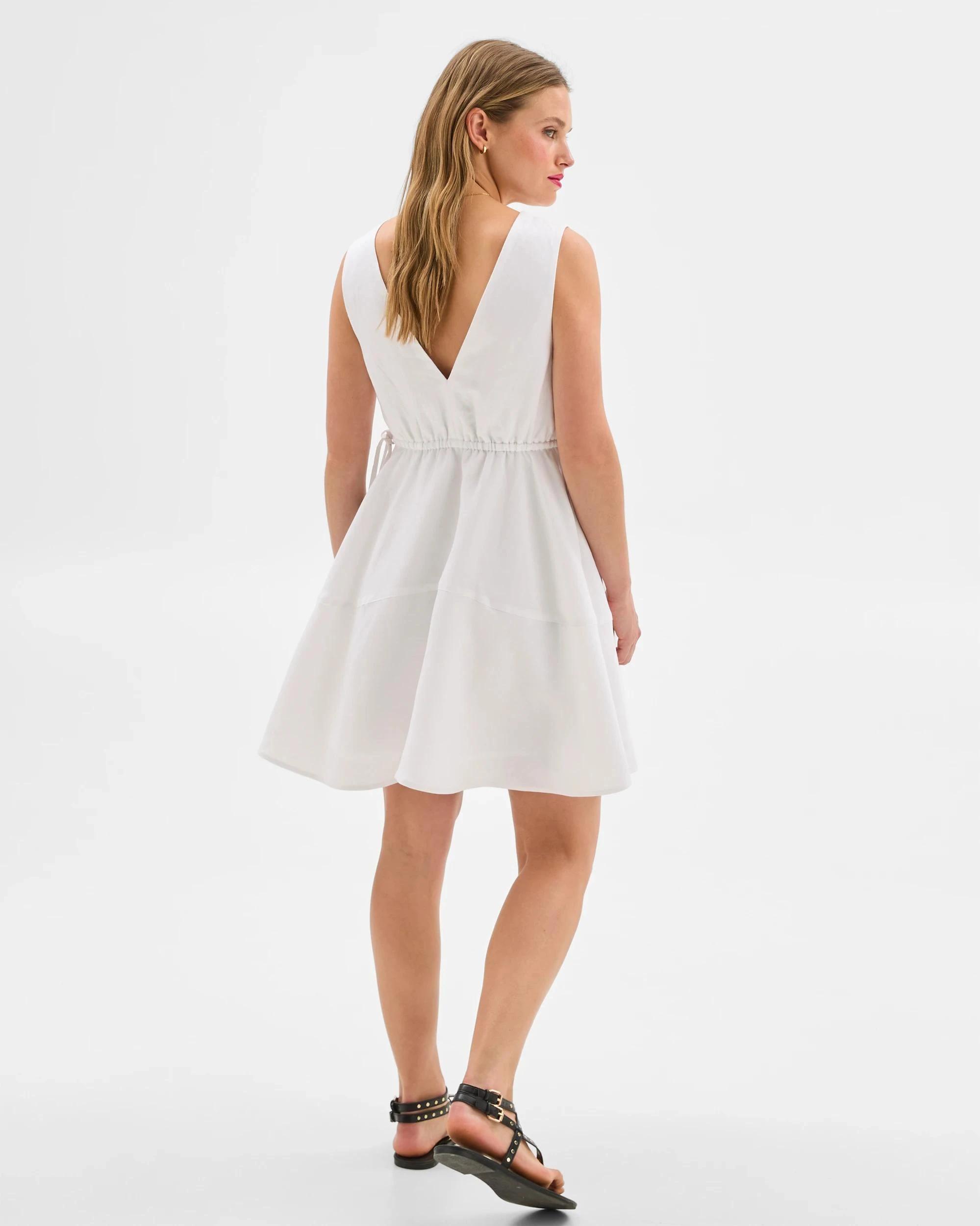 4 European Linen Blend Cinched Waist Mini Dress - Lily Loves IVORY, 4 of 5