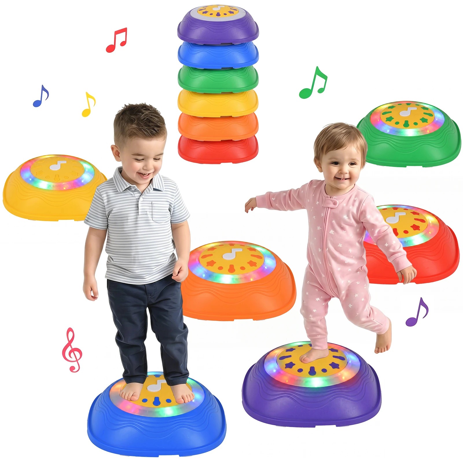 3 Advwin Kids Light Up Musical Stepping Stones Set of 6 LED Balance Stones Non-Slip Sensory Play Toys - Multi, 3 of 5