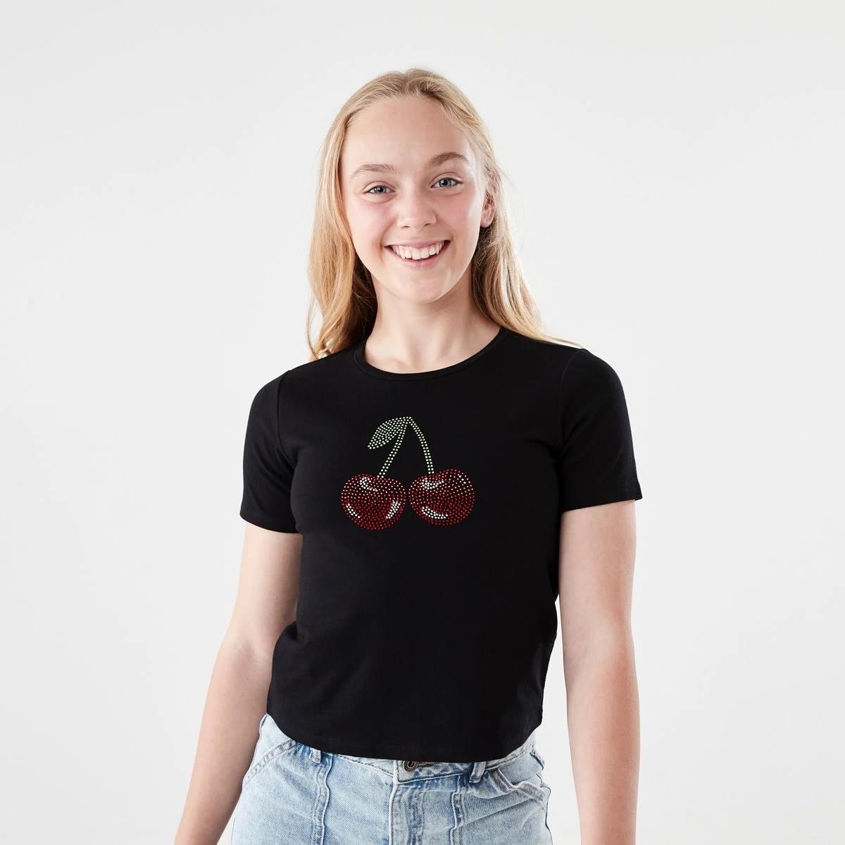 1 Short Sleeve Embellished T-shirt DIAMONTE CHERRIES BLACK, 1 of 6