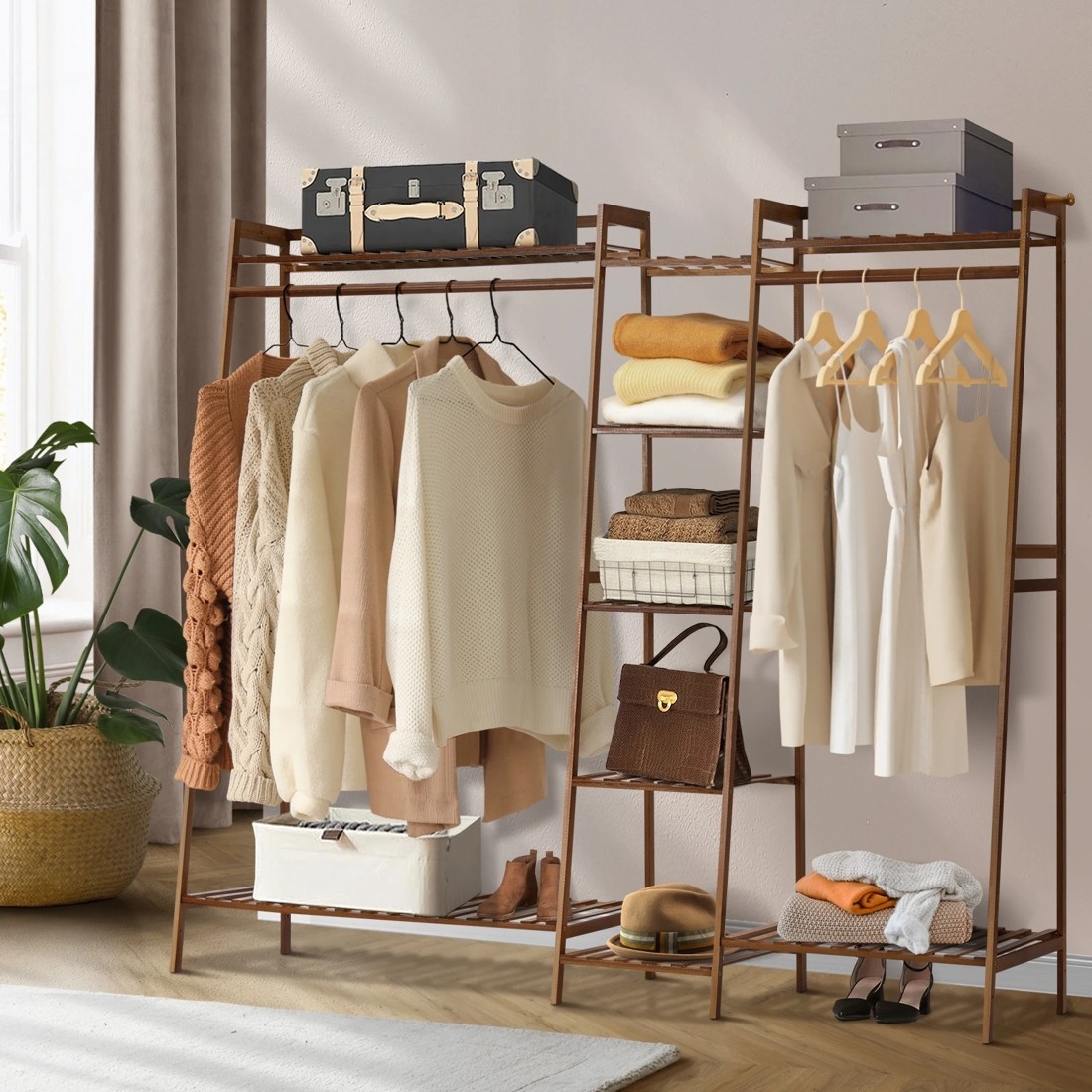 2 Oikiture Clothes Rack Open Wardrobe Garment Coat Hanging Rail Bamboo 9 Shelves
 - Natural, 2 of 10