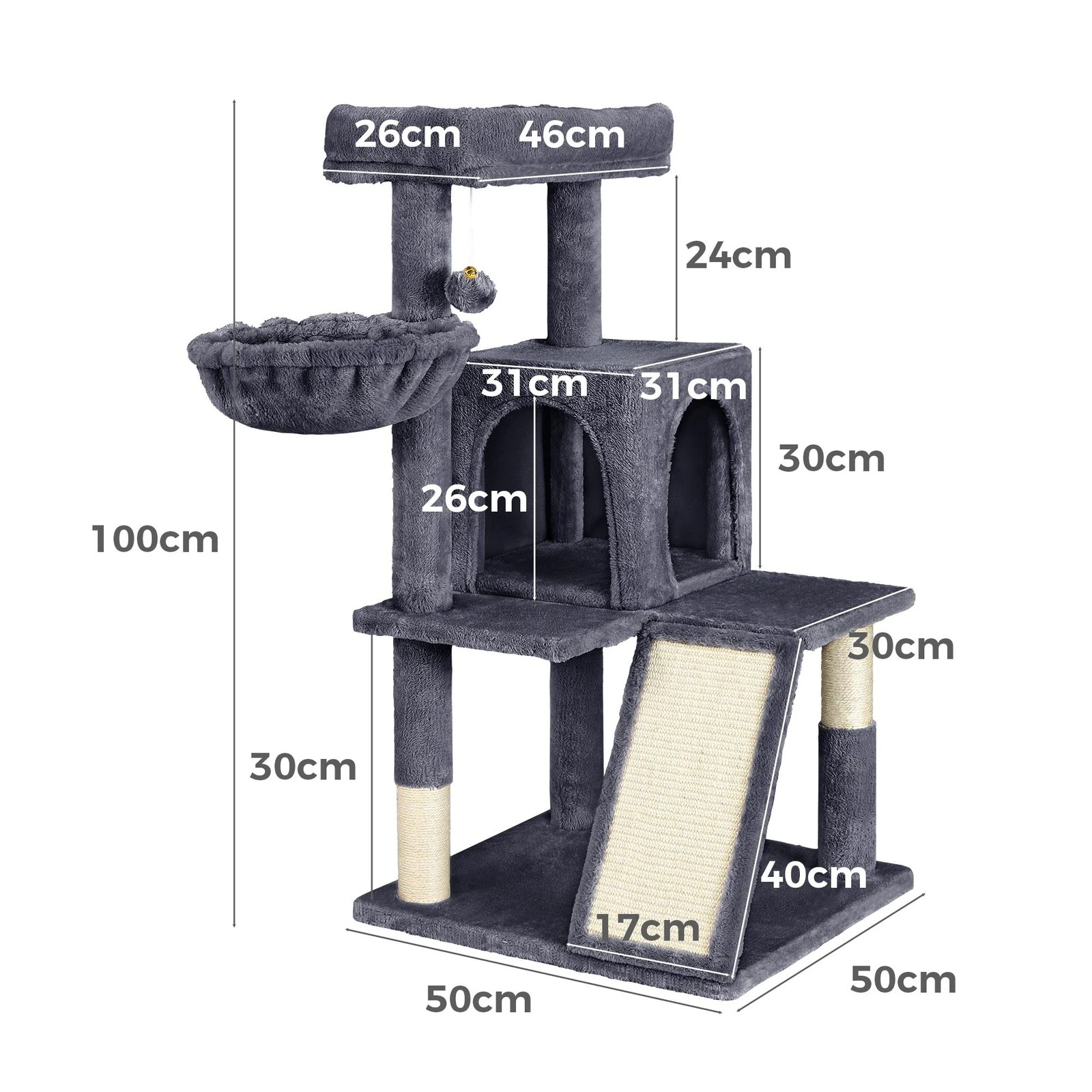 3 Beastie Cat Tree Scratching Post Scratcher Tower Condo House Furniture Wood 100cm - Grey, 3 of 7