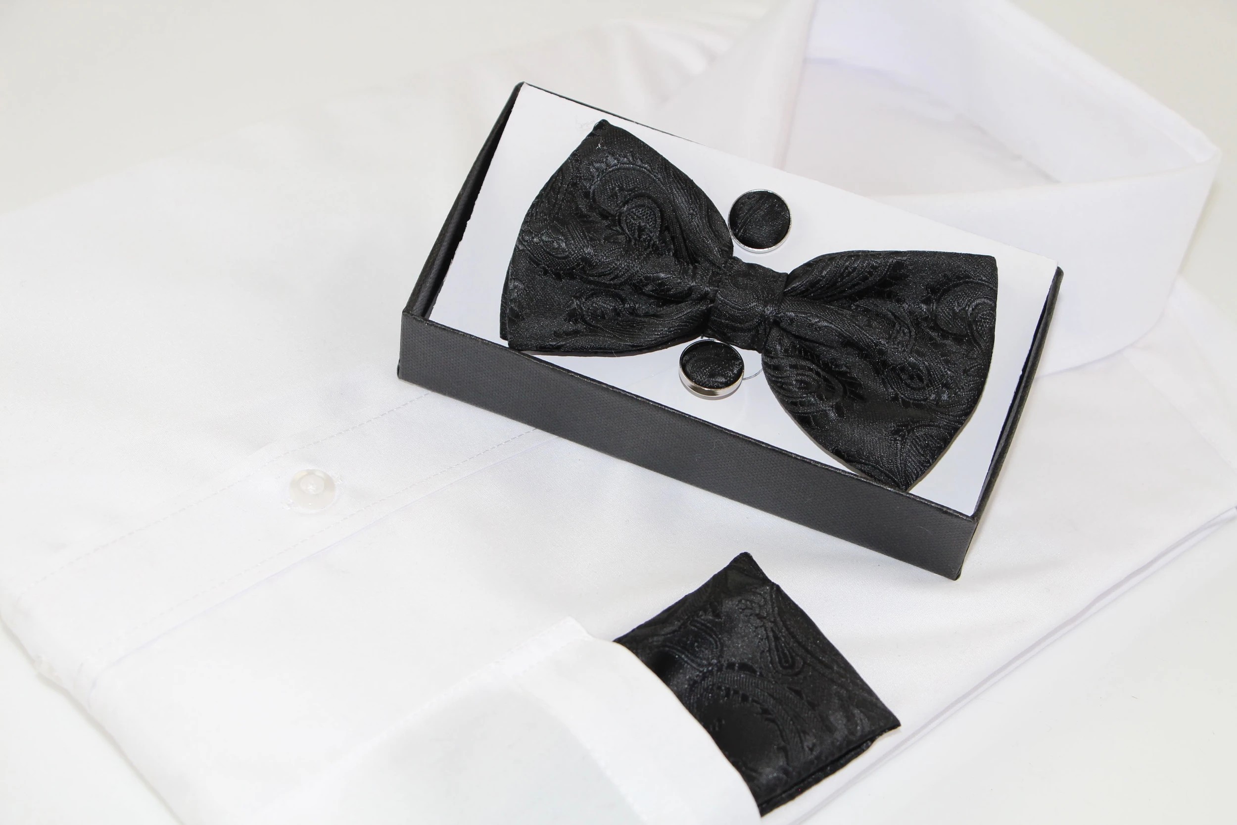 1 Zasel Mens Paisley Matching Bow Tie, Pocket Square & Cuff Links Set - Black, 1 of 1